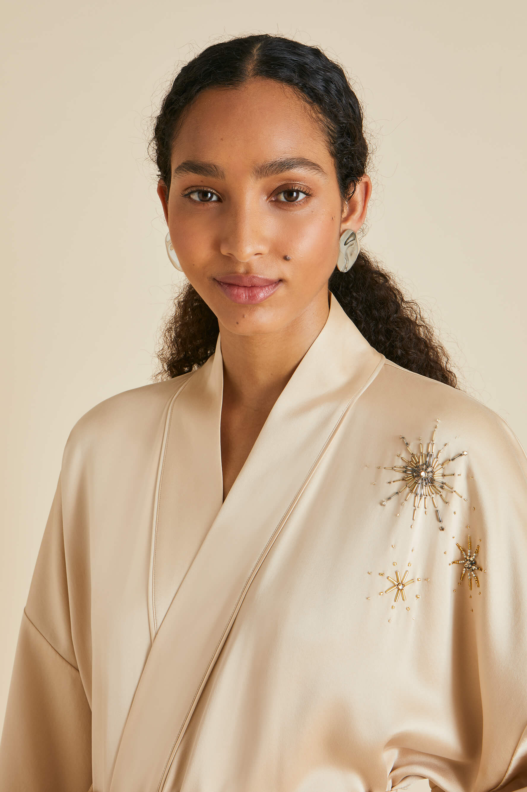 Sabine Celestine Caramel Embellished Sandwashed Silk Robe