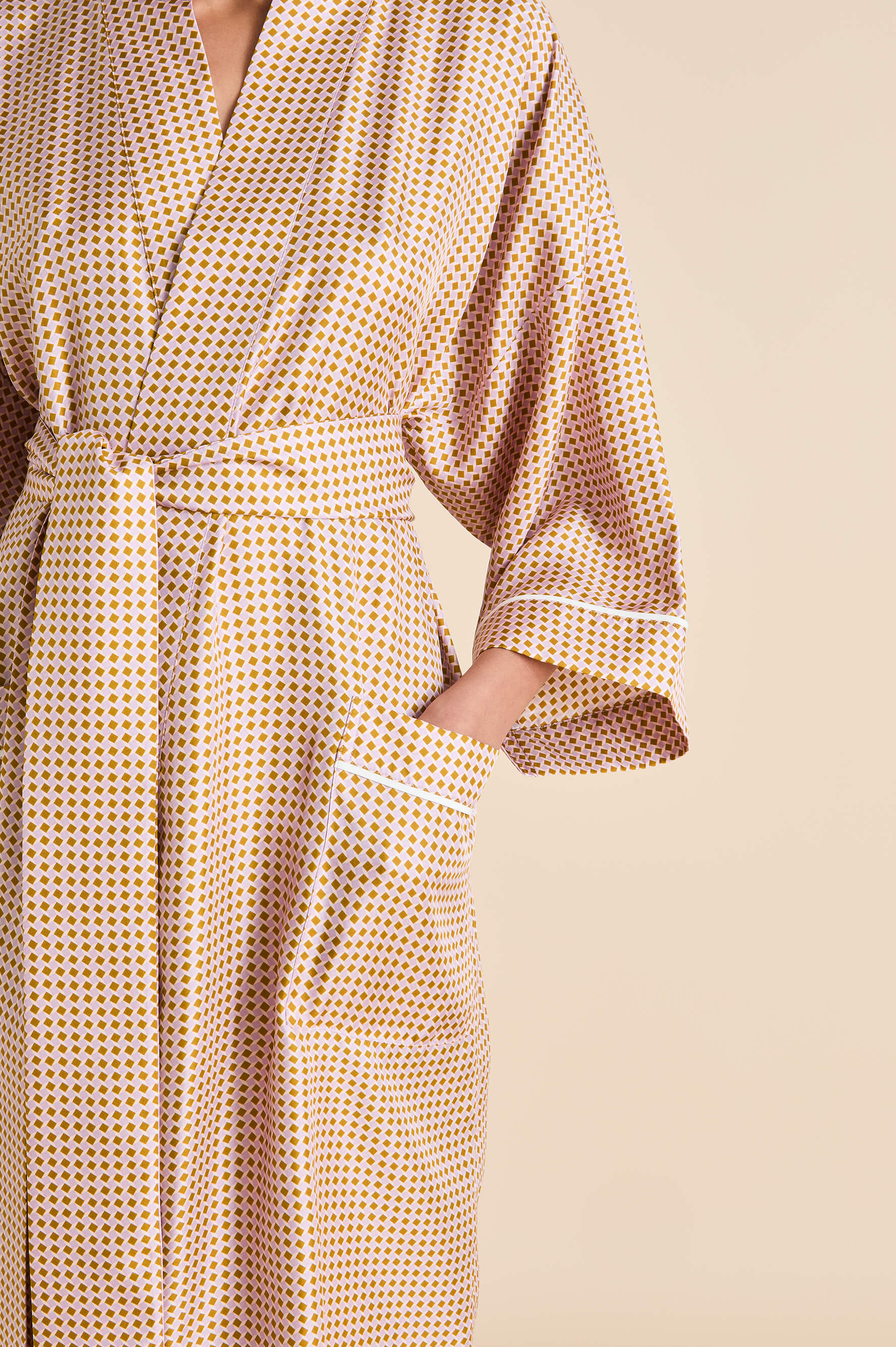 sabine sarrazin pink geometric robe in silk twill 