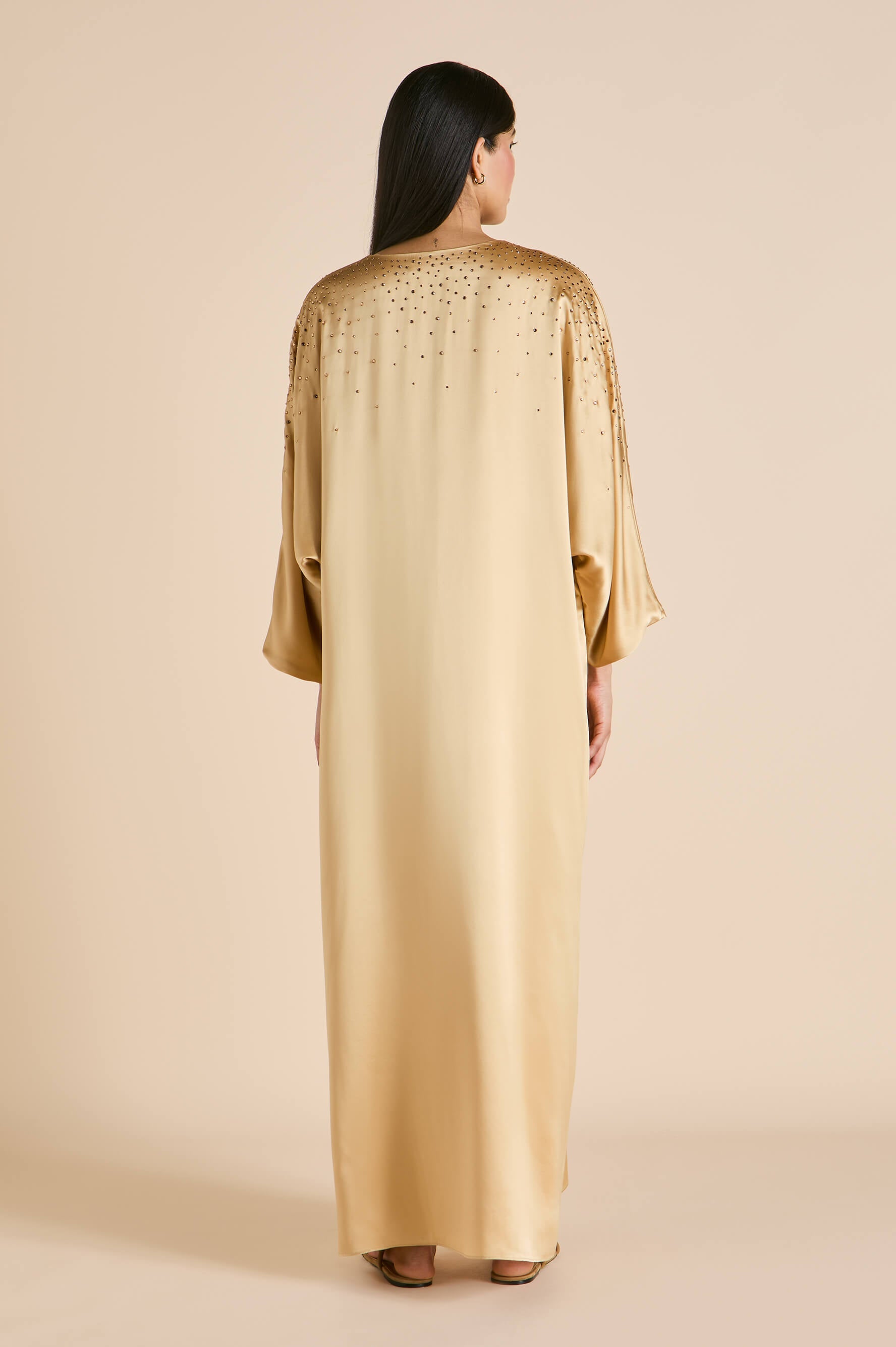 vreeland lune caramel embellished dress in silk satin 