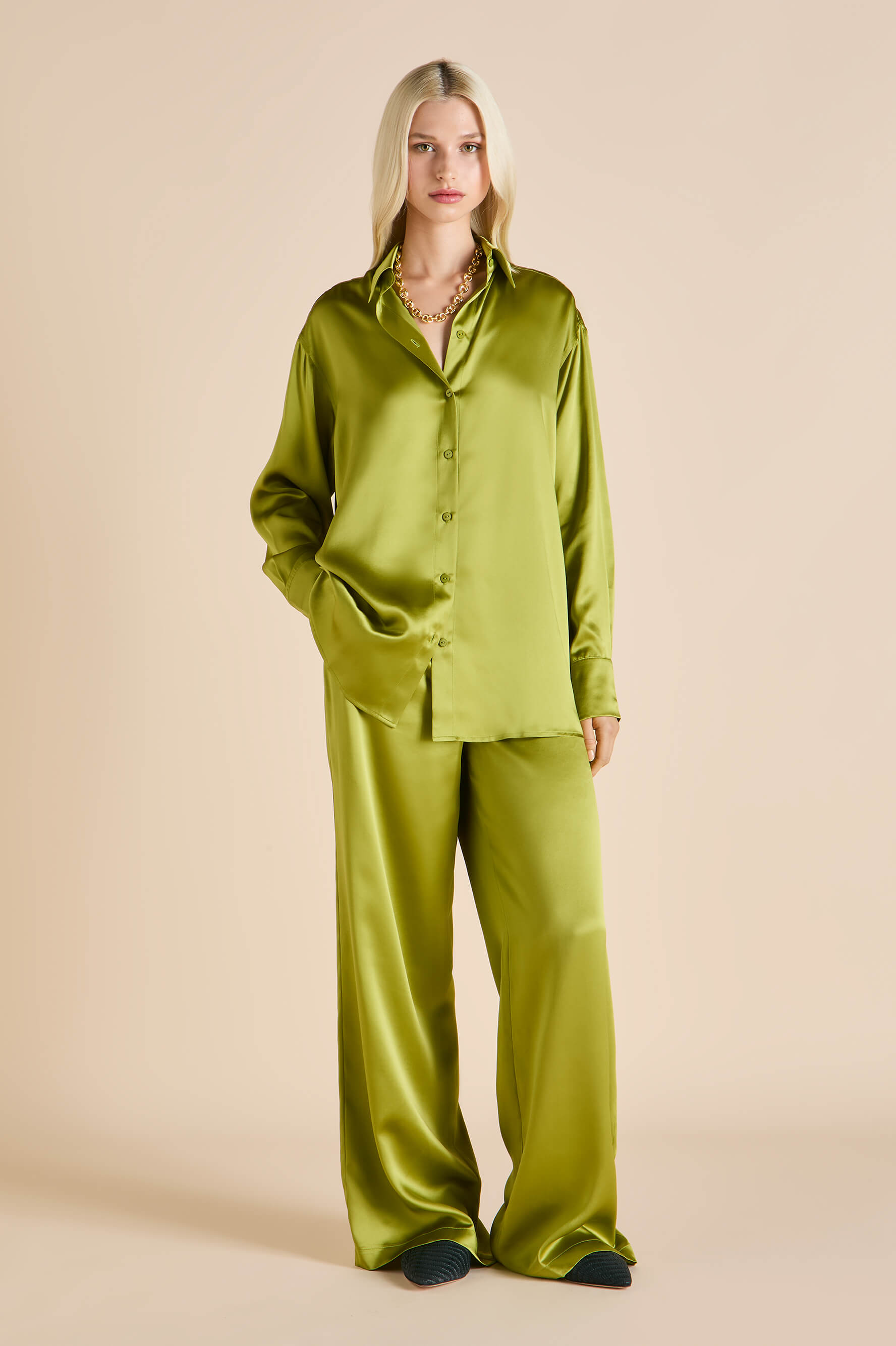 wolfe olive green pajamas in silk satin 