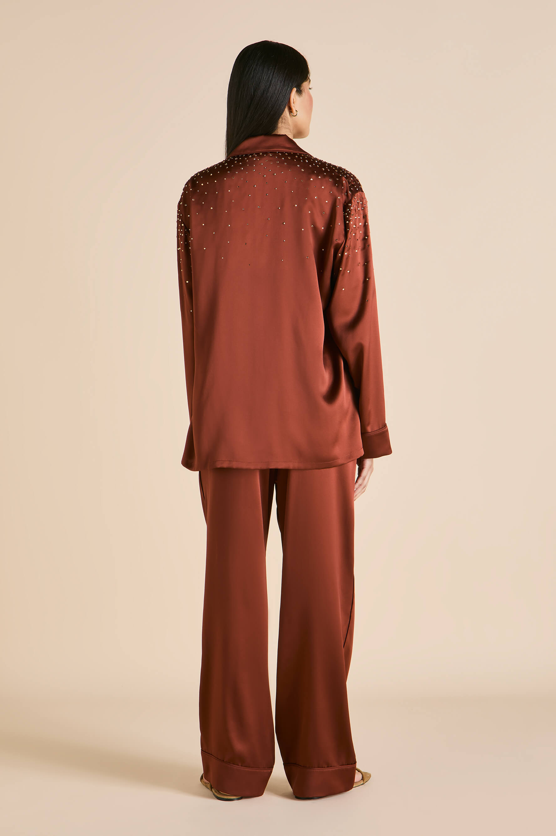 Yves Astrid Bronze Embellished Pajamas in Silk Satin