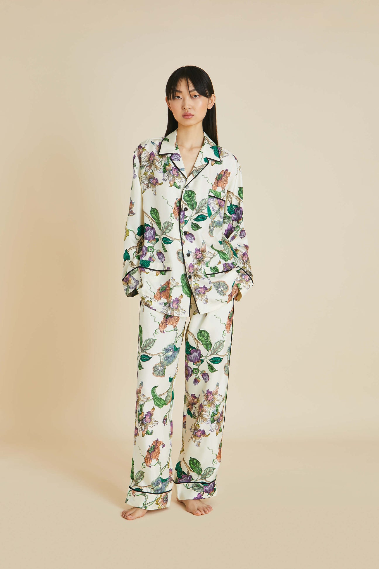 Yves Aura Ivory Floral Pajamas in Silk Twill | Olivia von Halle