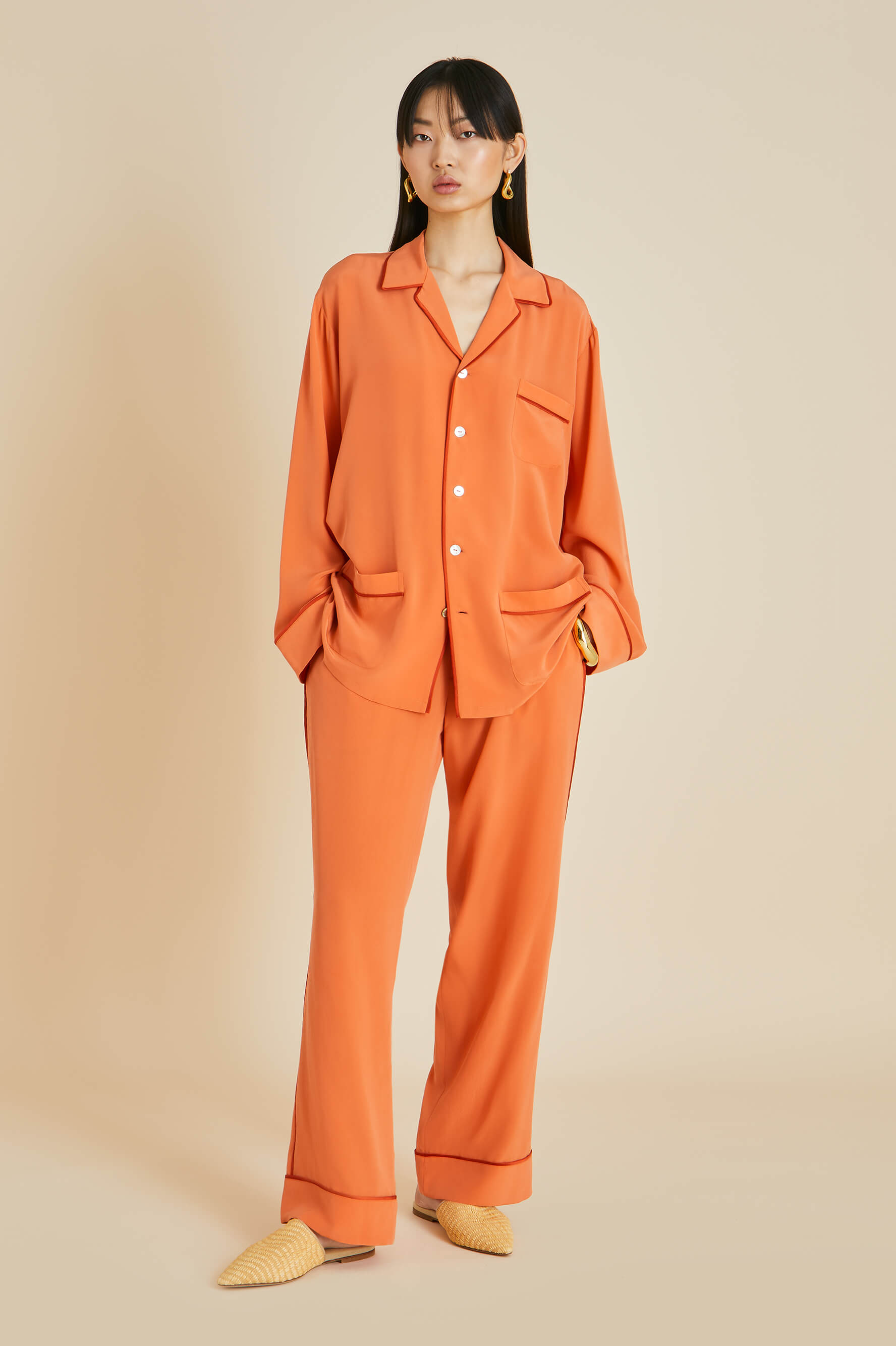 Yves Orange Pajamas in Silk Crêpe de Chine