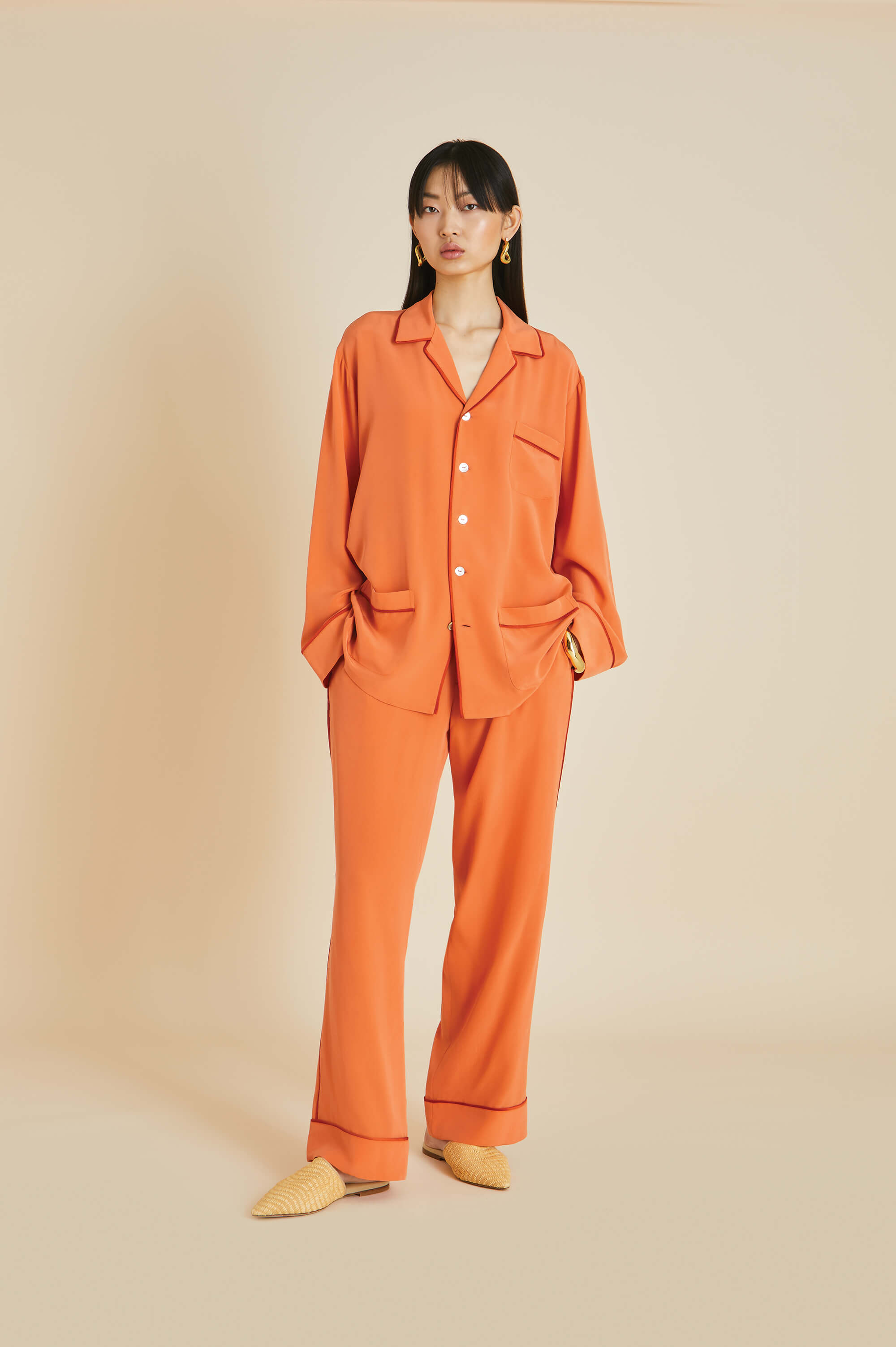 Yves Orange Pajamas in Silk Crêpe de Chine