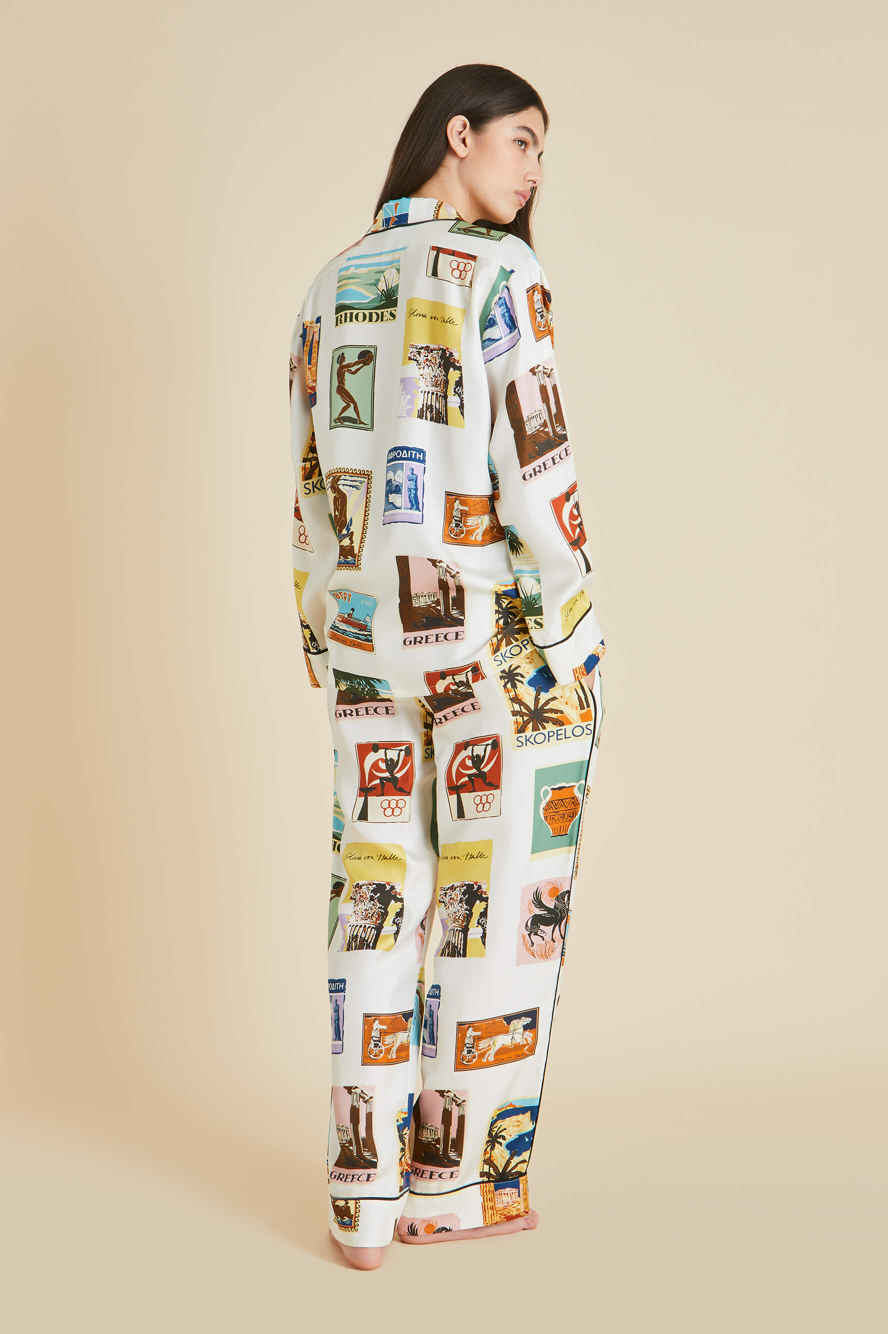 Yves Cadmus Ivory Postcard Pajamas in Silk Twill
