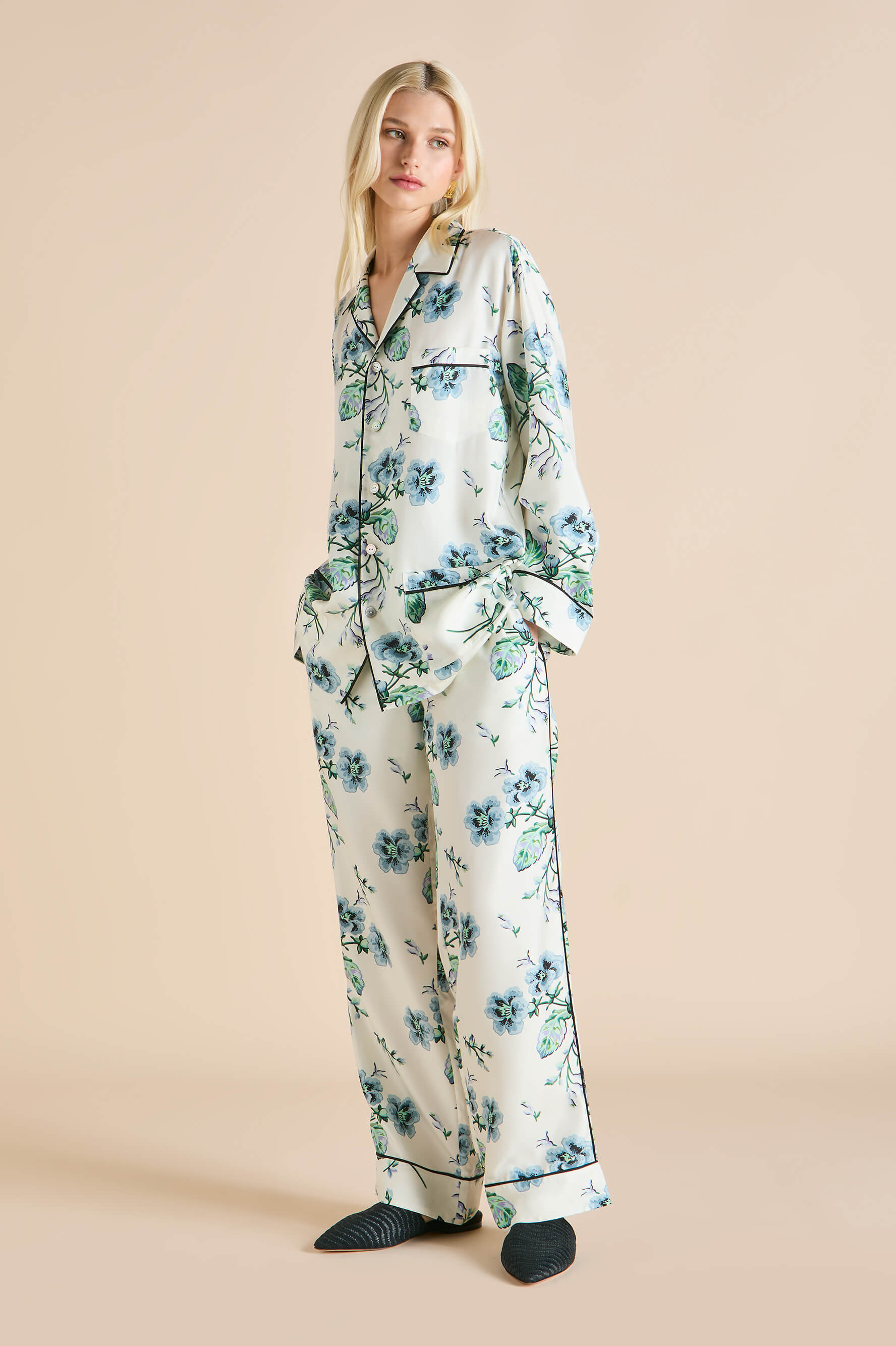 Yves Caldwell Ivory Floral Pajamas in Silk Twill