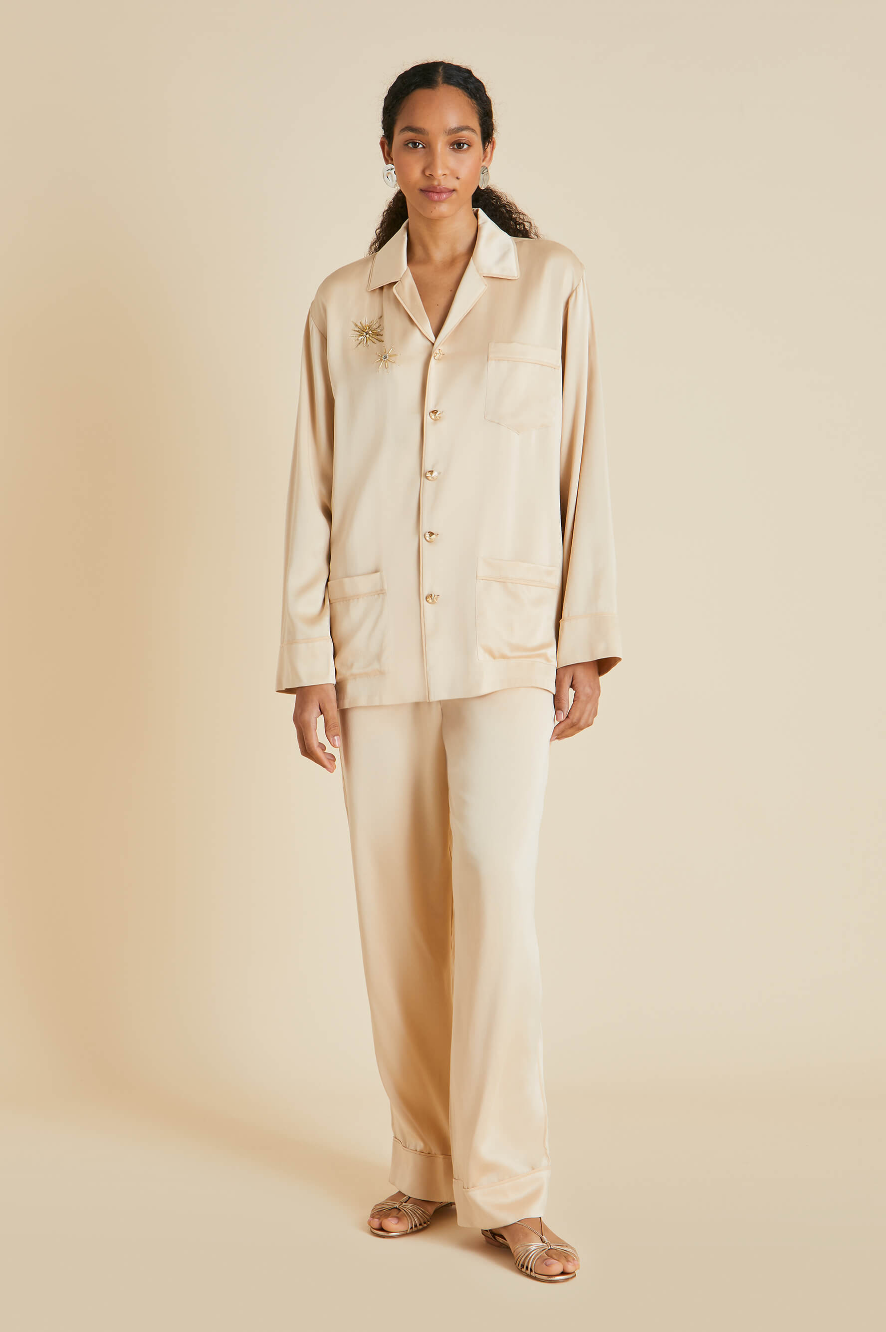 yves celestine caramel embellished pajamas in sandwashed silk