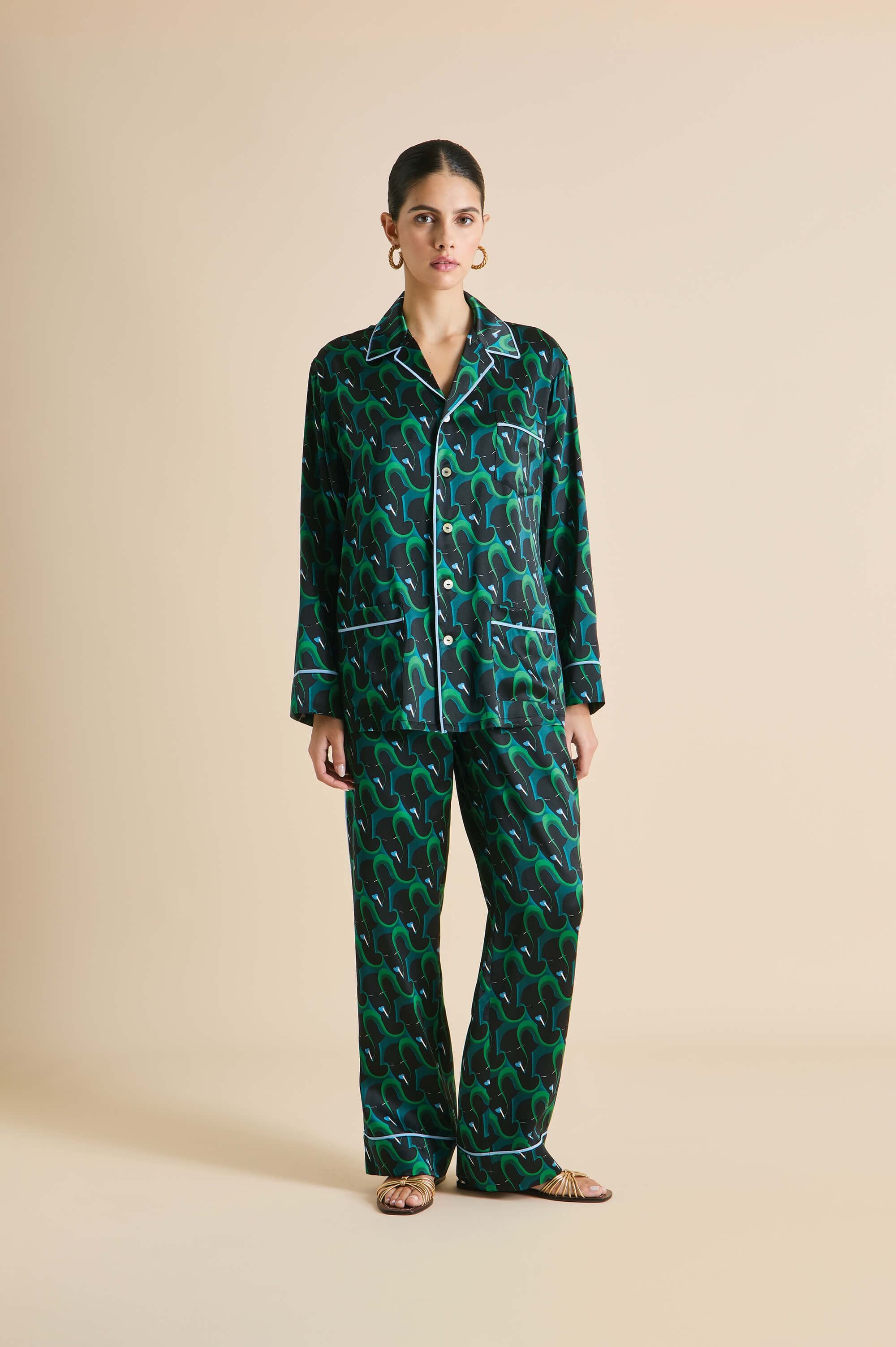 Yves Colette Green Figure Pajamas in Silk Satin