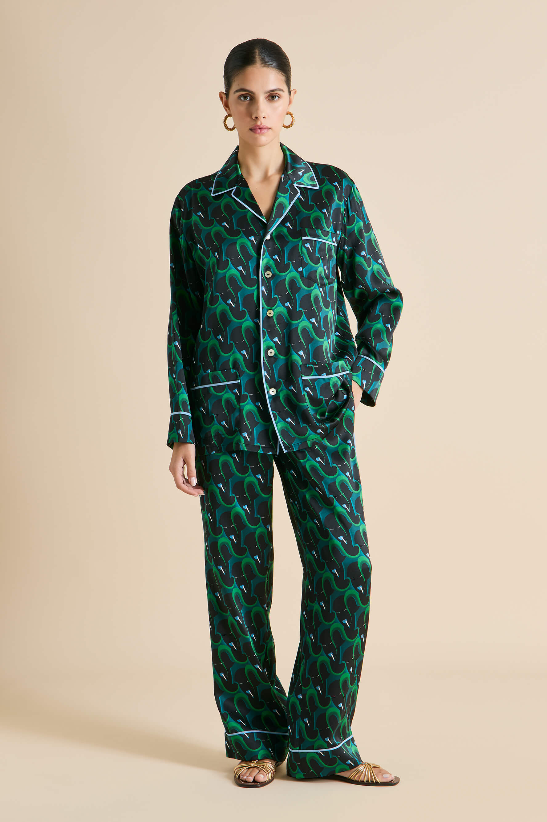 Yves Colette Green Figure Pajamas in Silk Satin