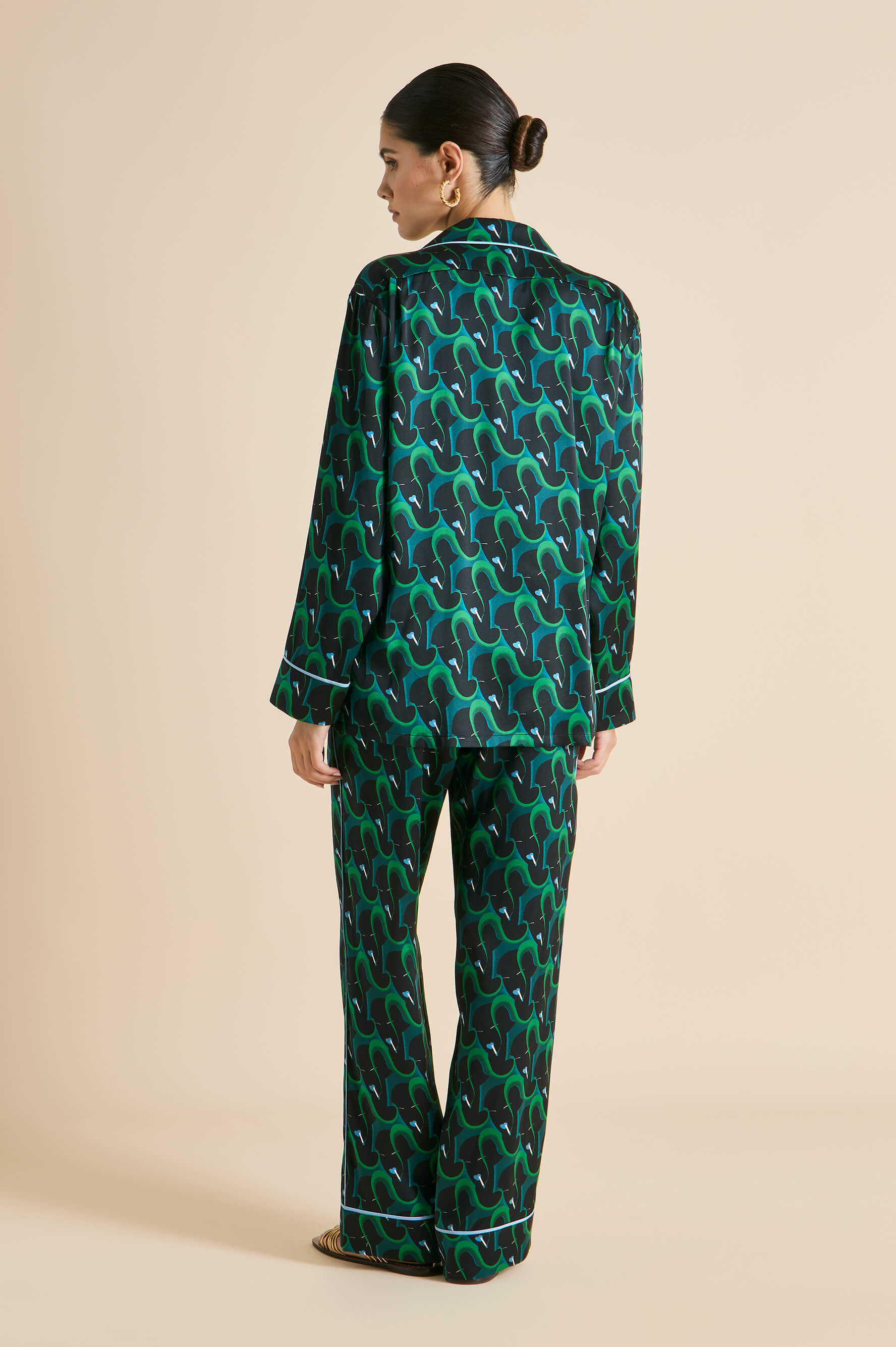 Yves Colette Green Figure Pajamas in Silk Satin