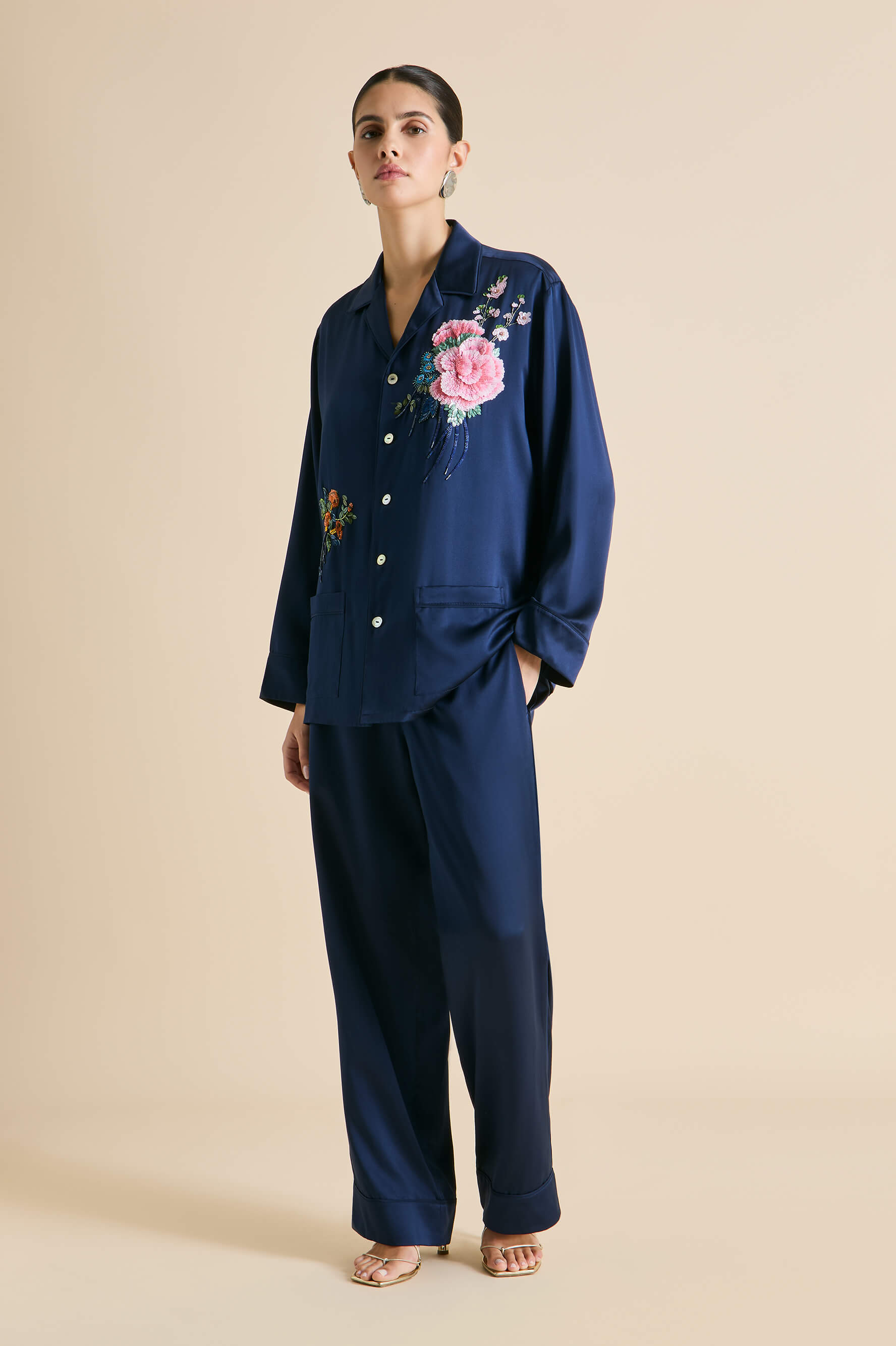 Yves Harmonies Navy Embellished Pajamas in Silk Satin