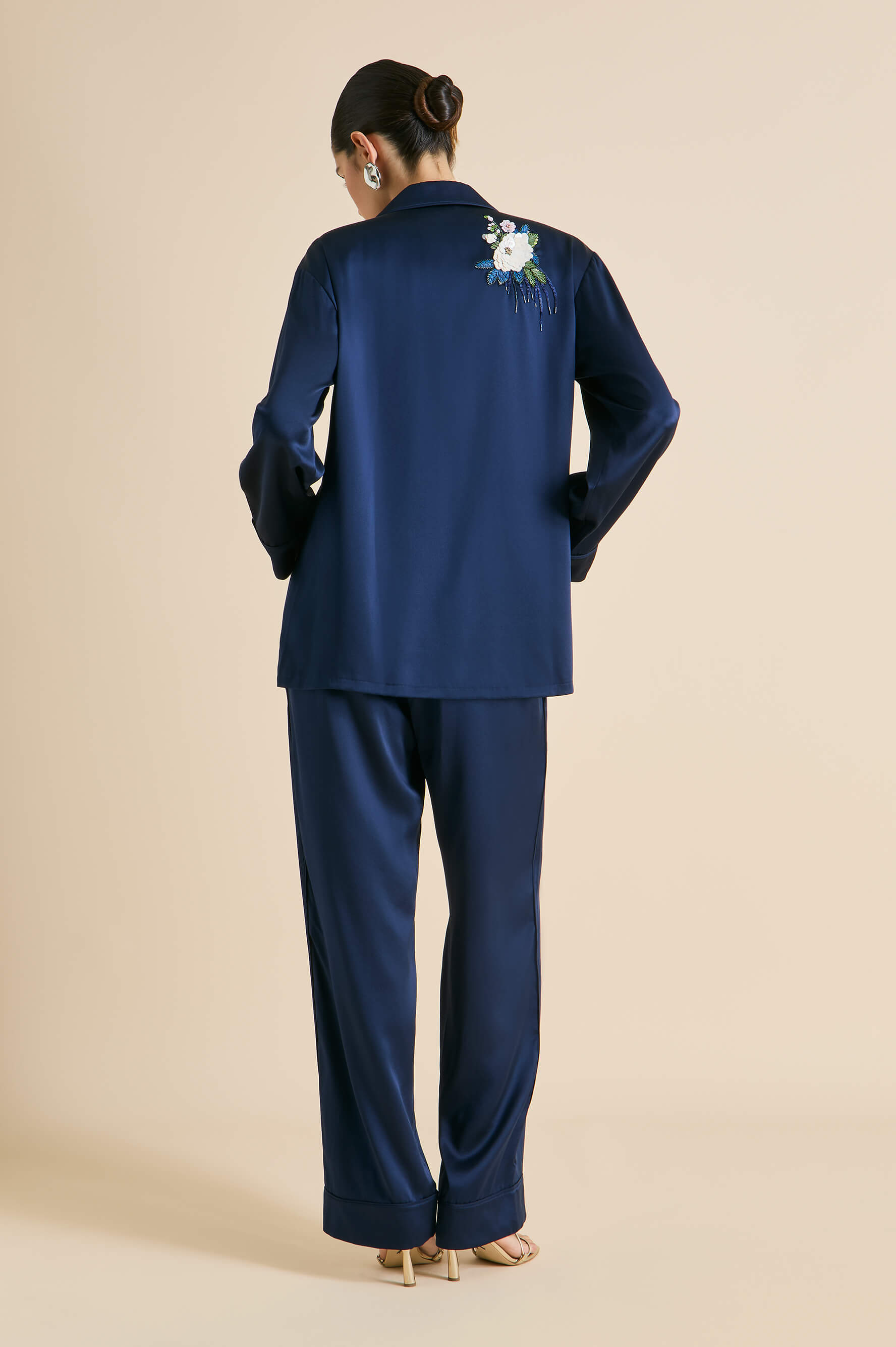 Yves Harmonies Navy Embellished Pajamas in Silk Satin