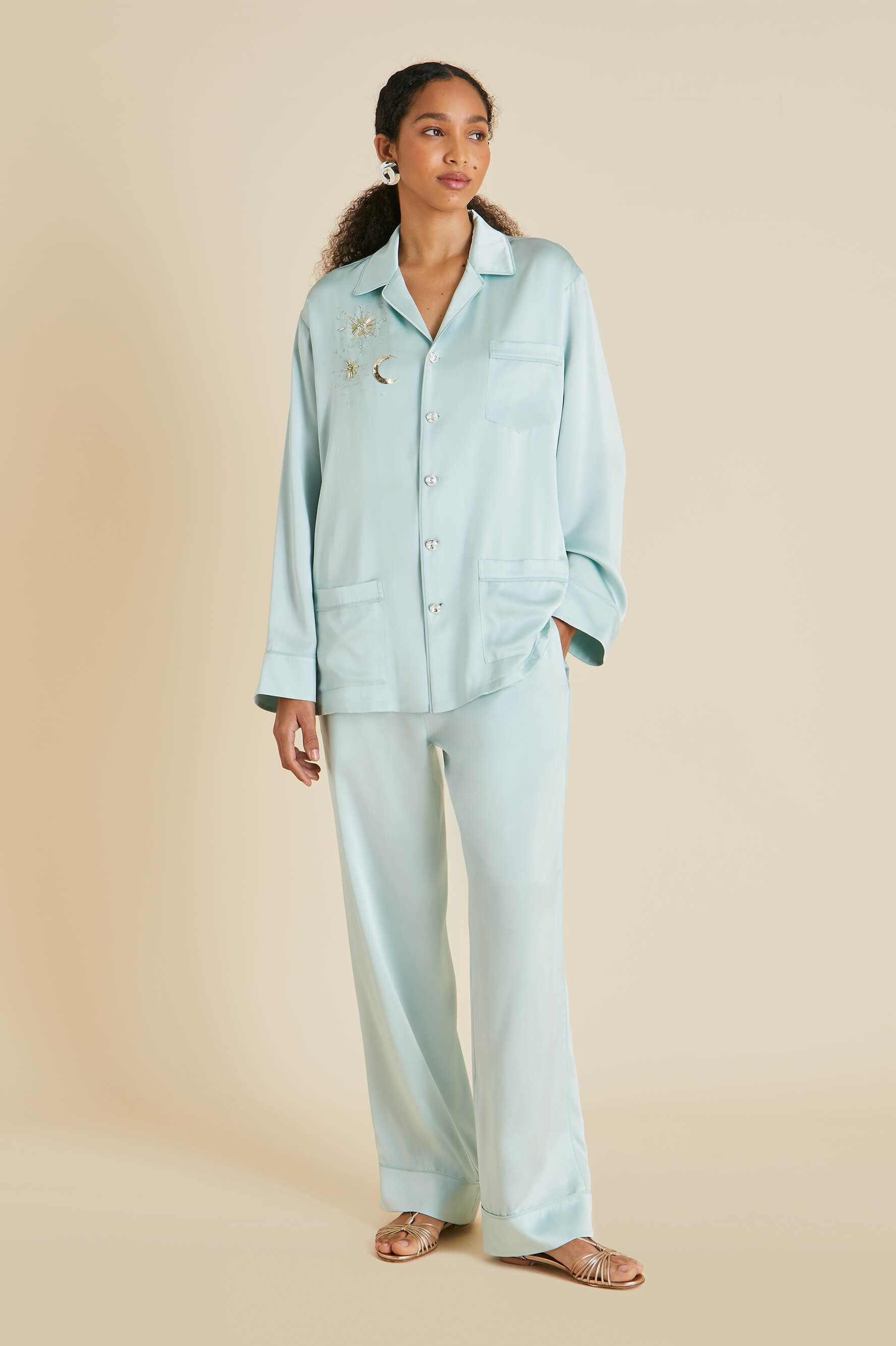 Yves Incantation Blue Embellished Pajamas in Sandwashed Silk