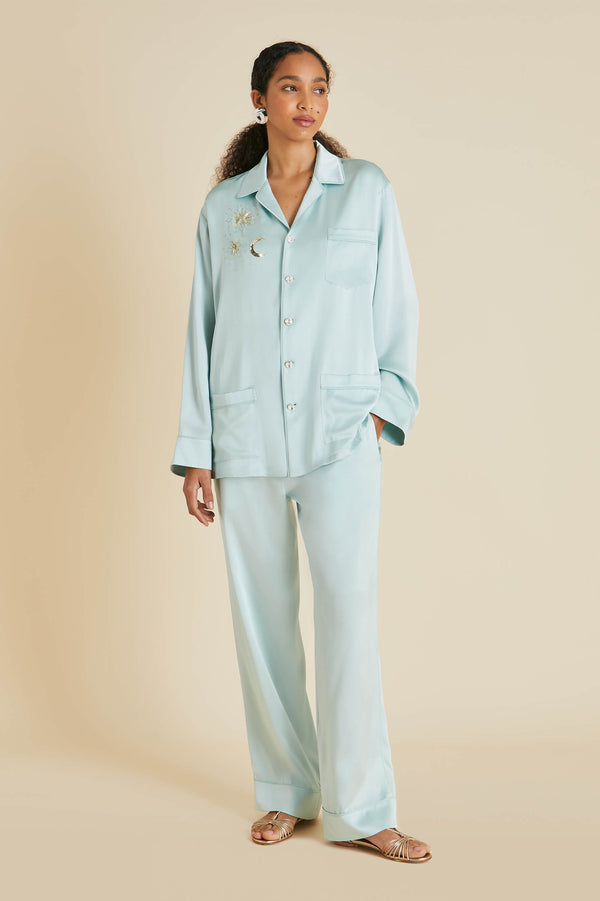 Yves Incantation Blue Embellished Sandwashed Silk Pajamas