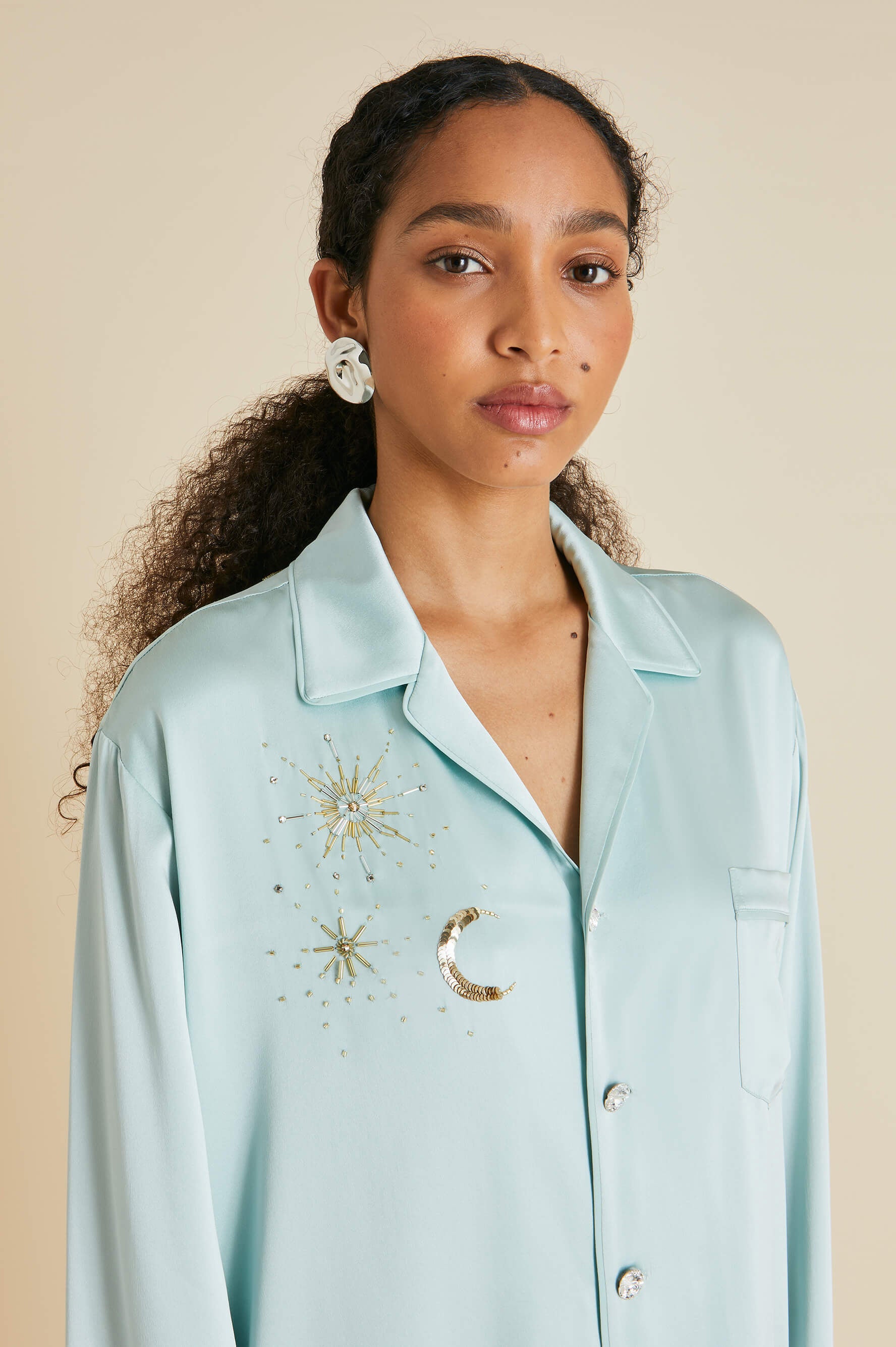 Yves Incantation Blue Embellished Pajamas in Sandwashed Silk