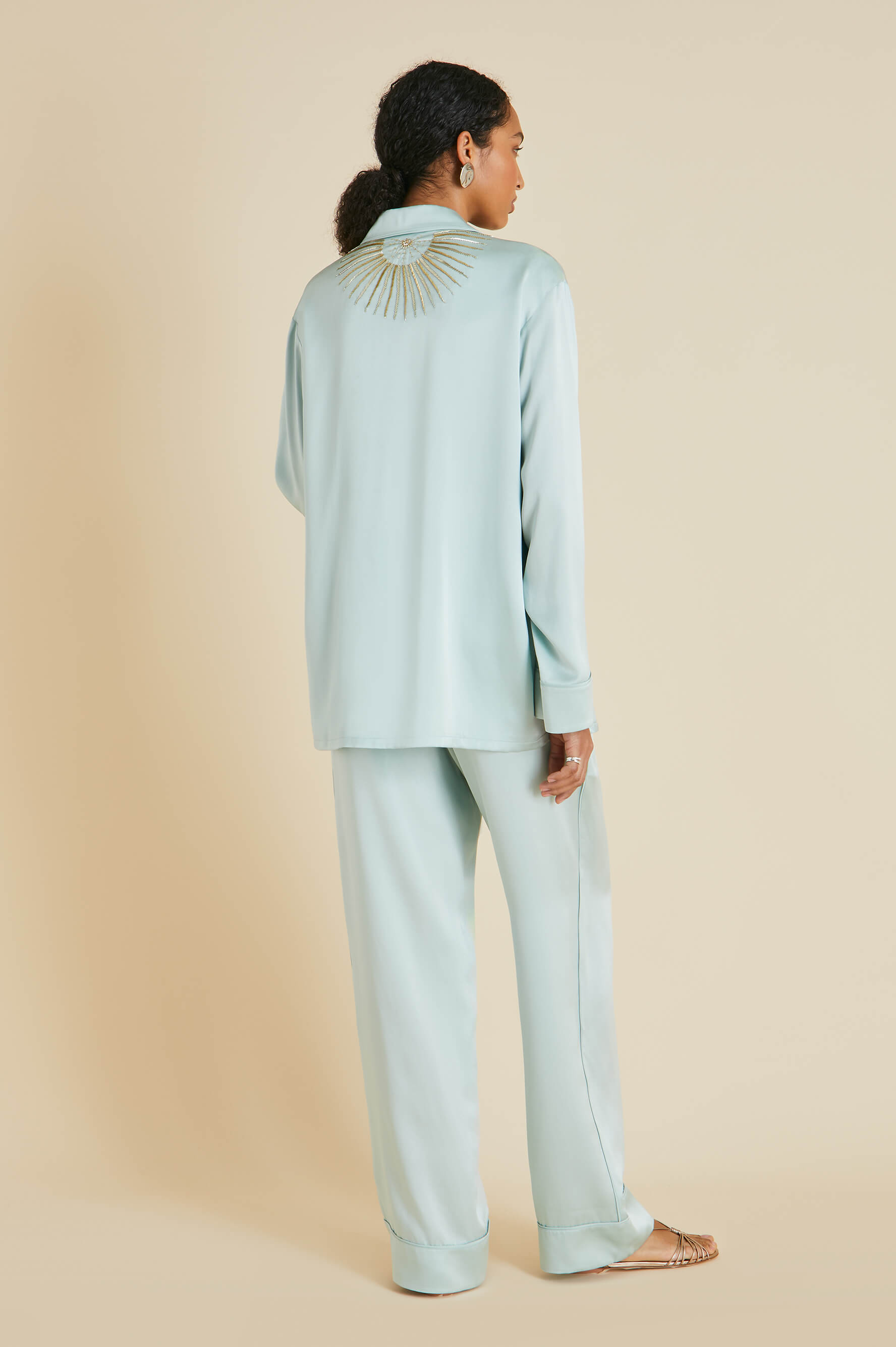 Yves Incantation Blue Embellished Pajamas in Sandwashed Silk