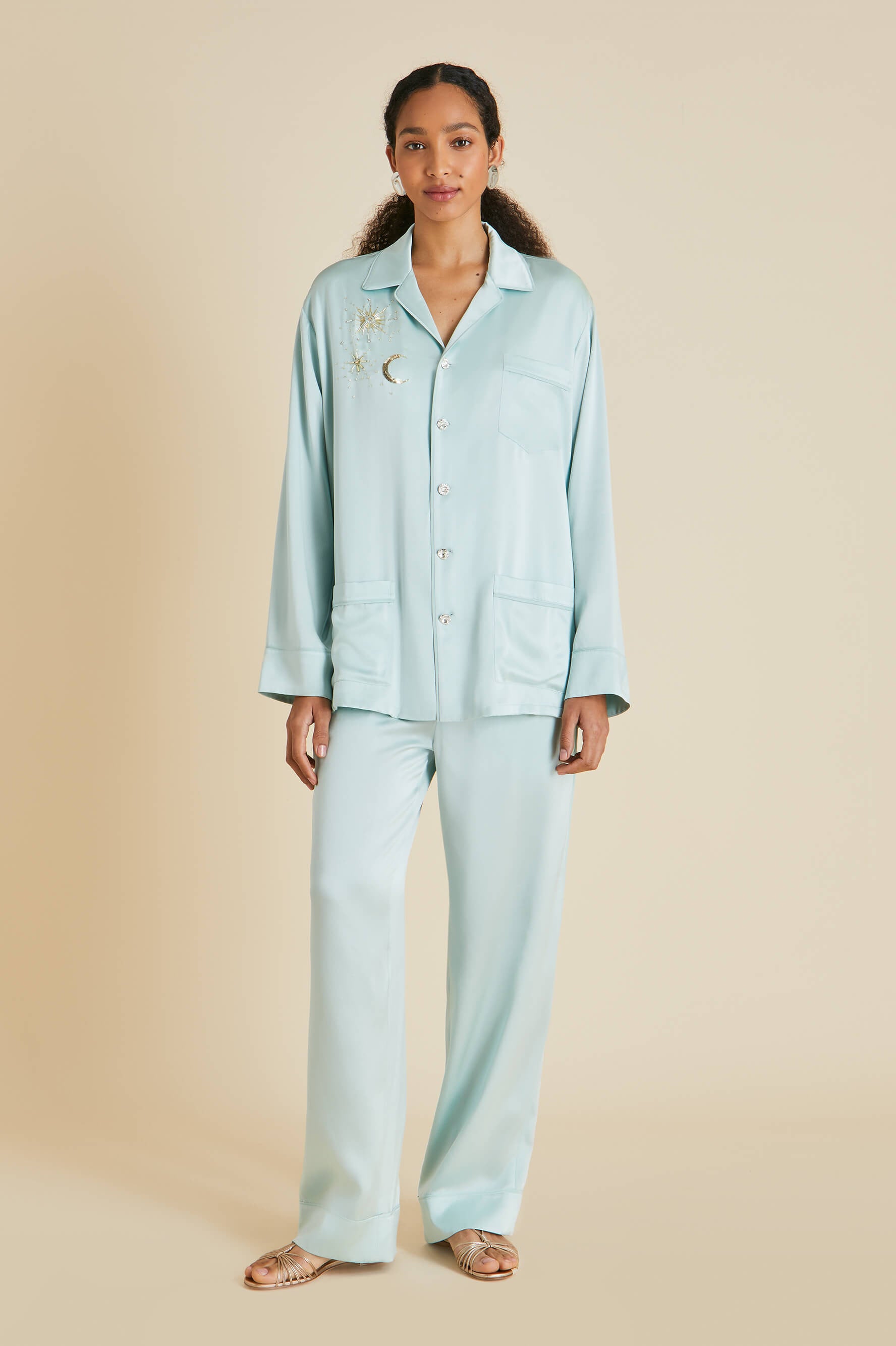 Yves Incantation Blue Embellished Pajamas in Sandwashed Silk