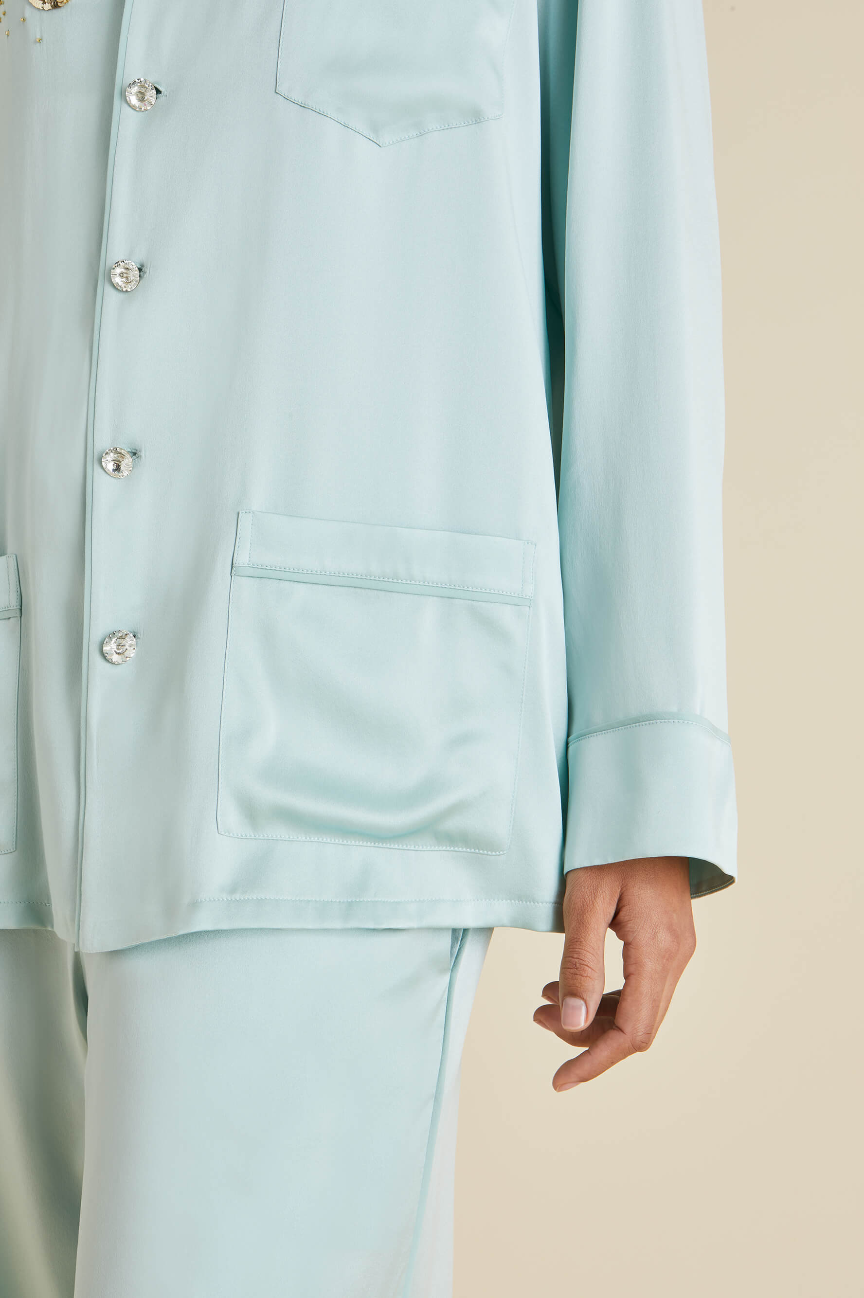 Yves Incantation Blue Embellished Pajamas in Sandwashed Silk