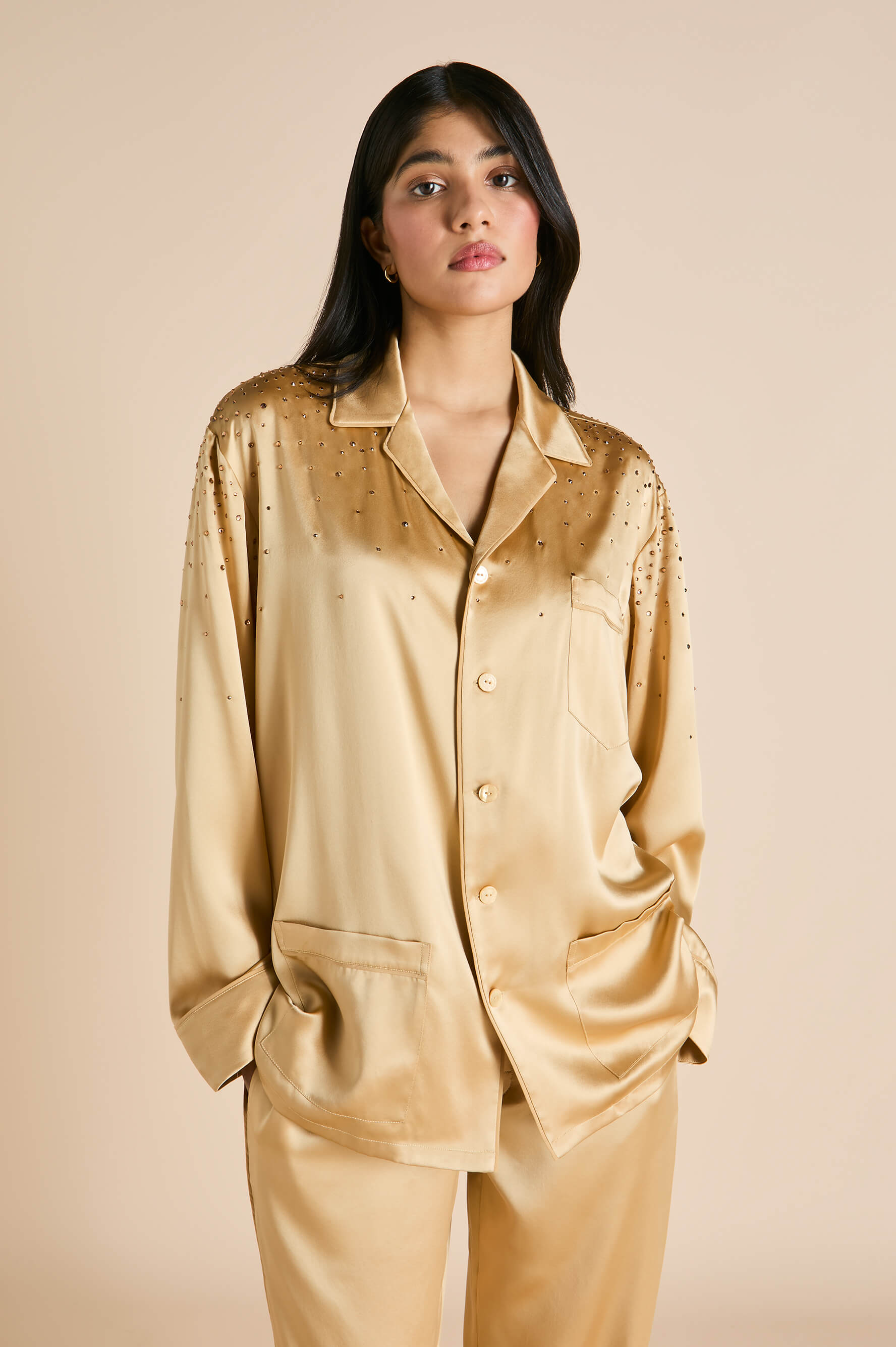 Yves Lune Caramel Embellished Pajamas in Silk Satin