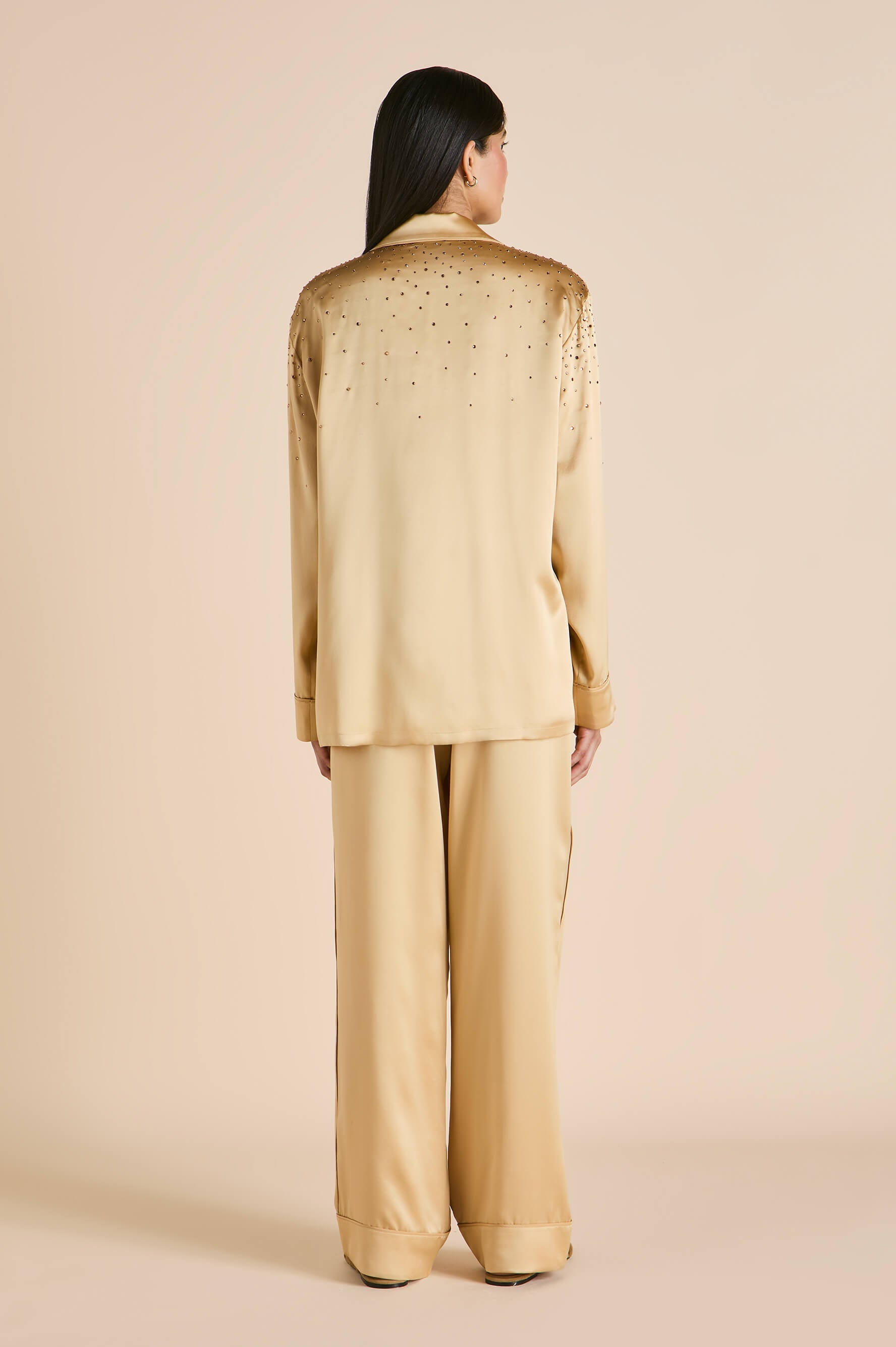 Yves Lune Caramel Embellished Pajamas in Silk Satin