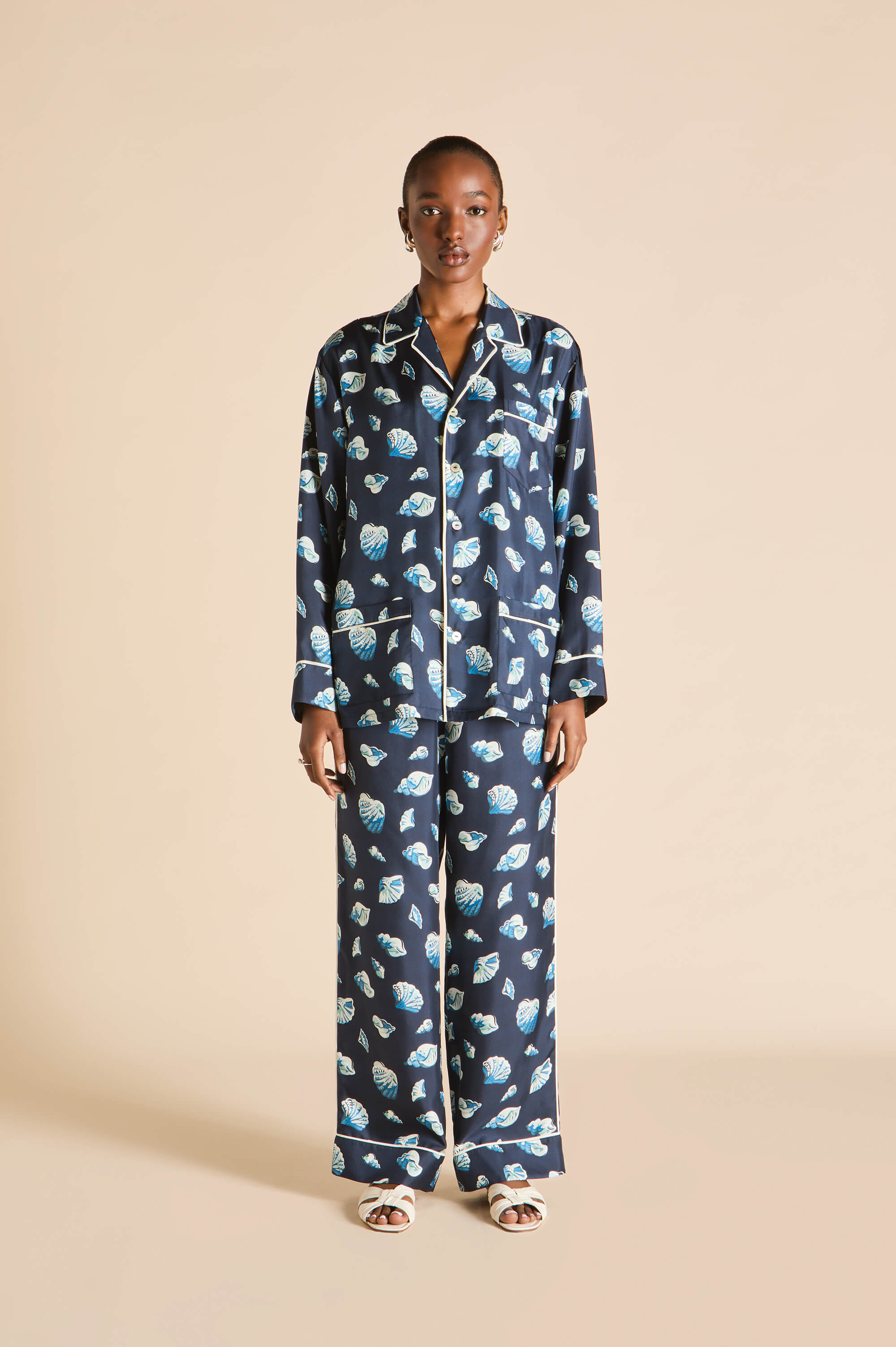 yves nautilus navy seashell pajamas in silk twill