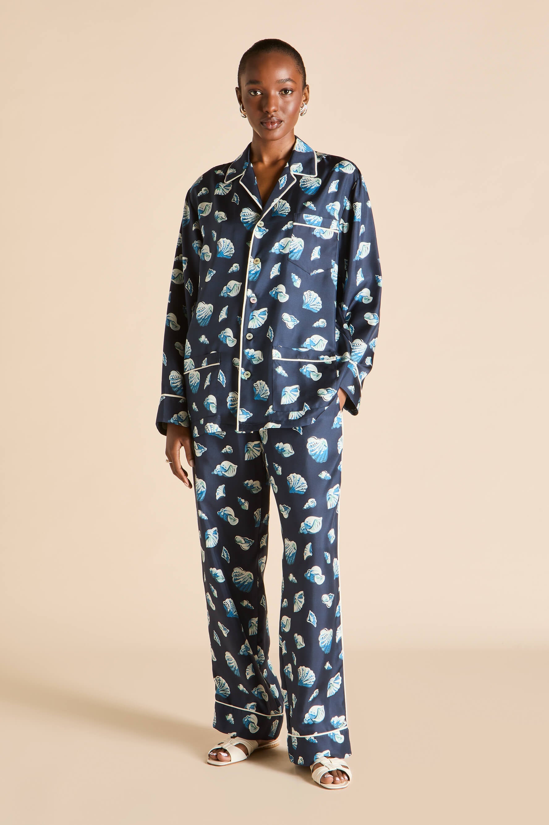 Yves Nautilus Navy Seashell Pajamas in Silk Twill