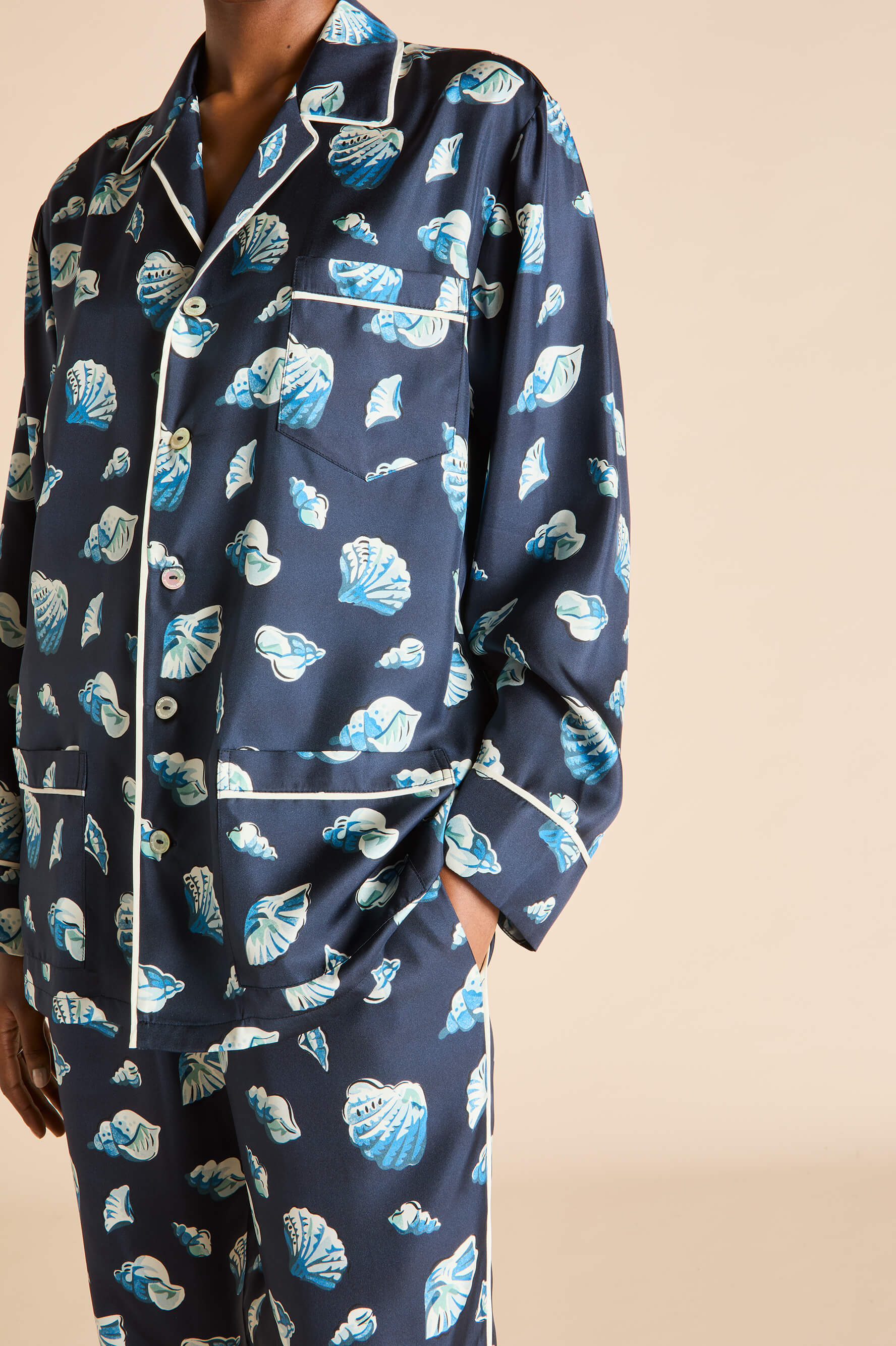 Yves Nautilus Navy Seashell Pajamas in Silk Twill