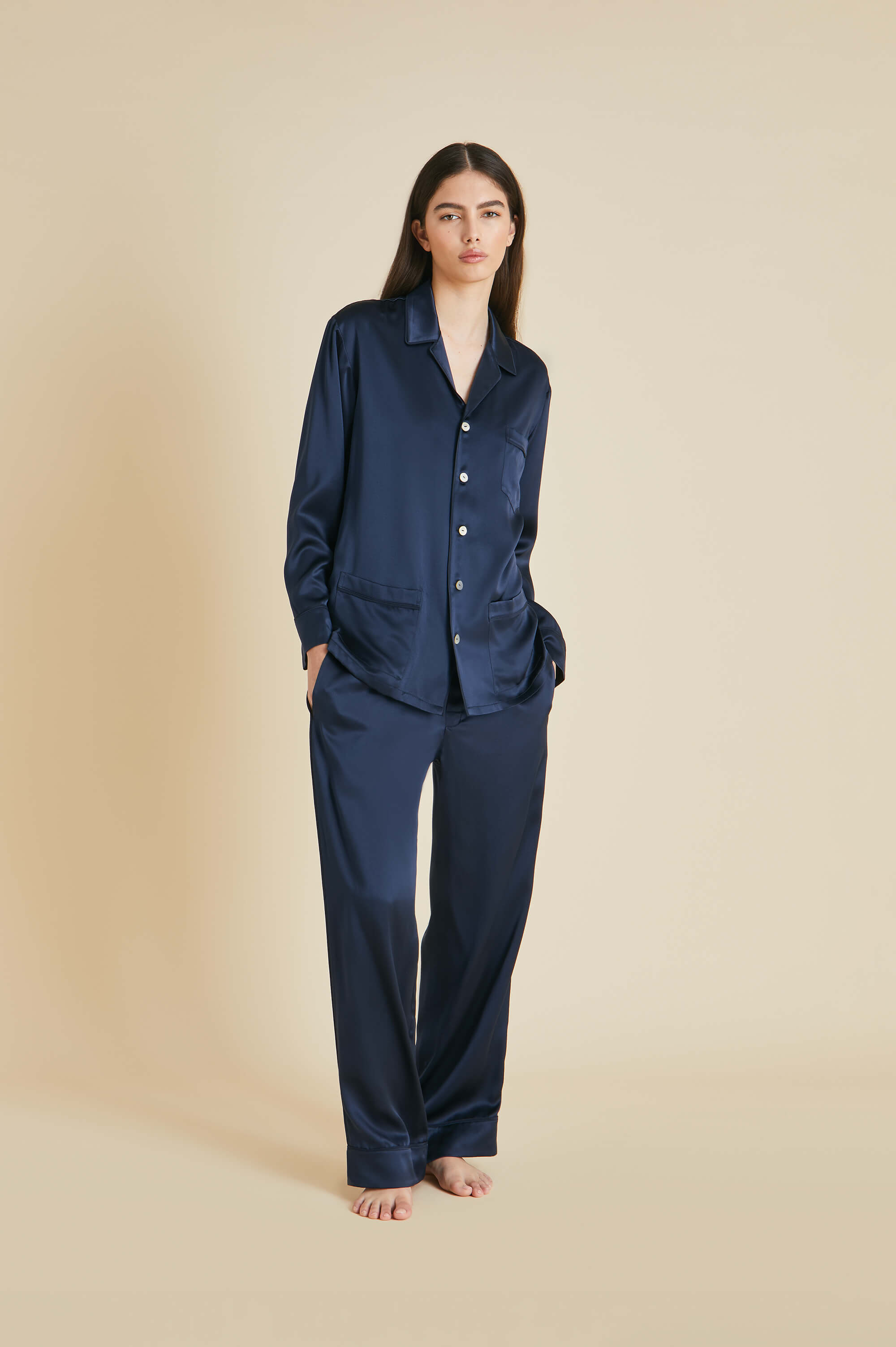 Yves Navy Pajamas in Silk Satin