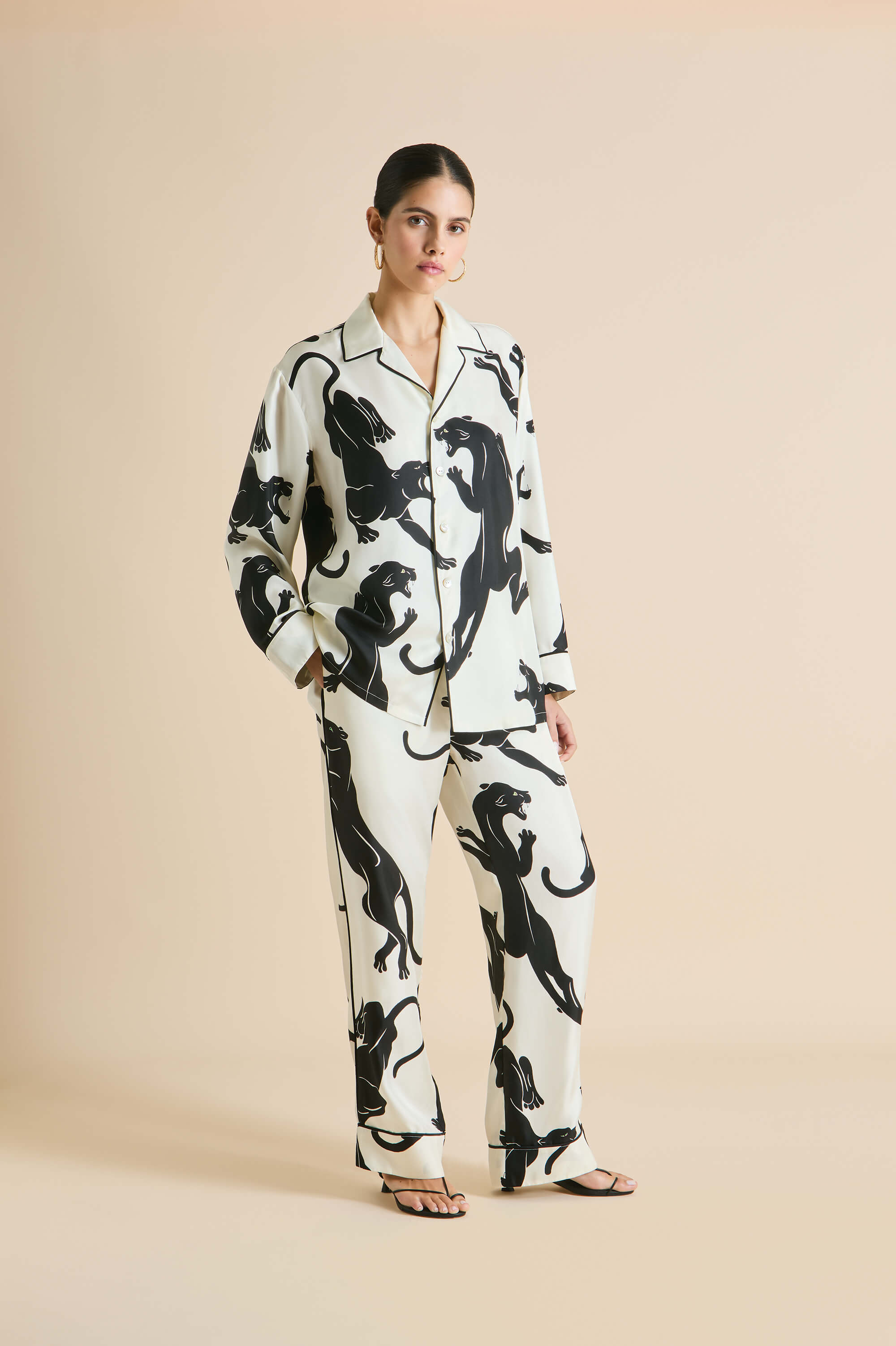 Yves Romain Ivory Panther Pajamas in Silk Twill