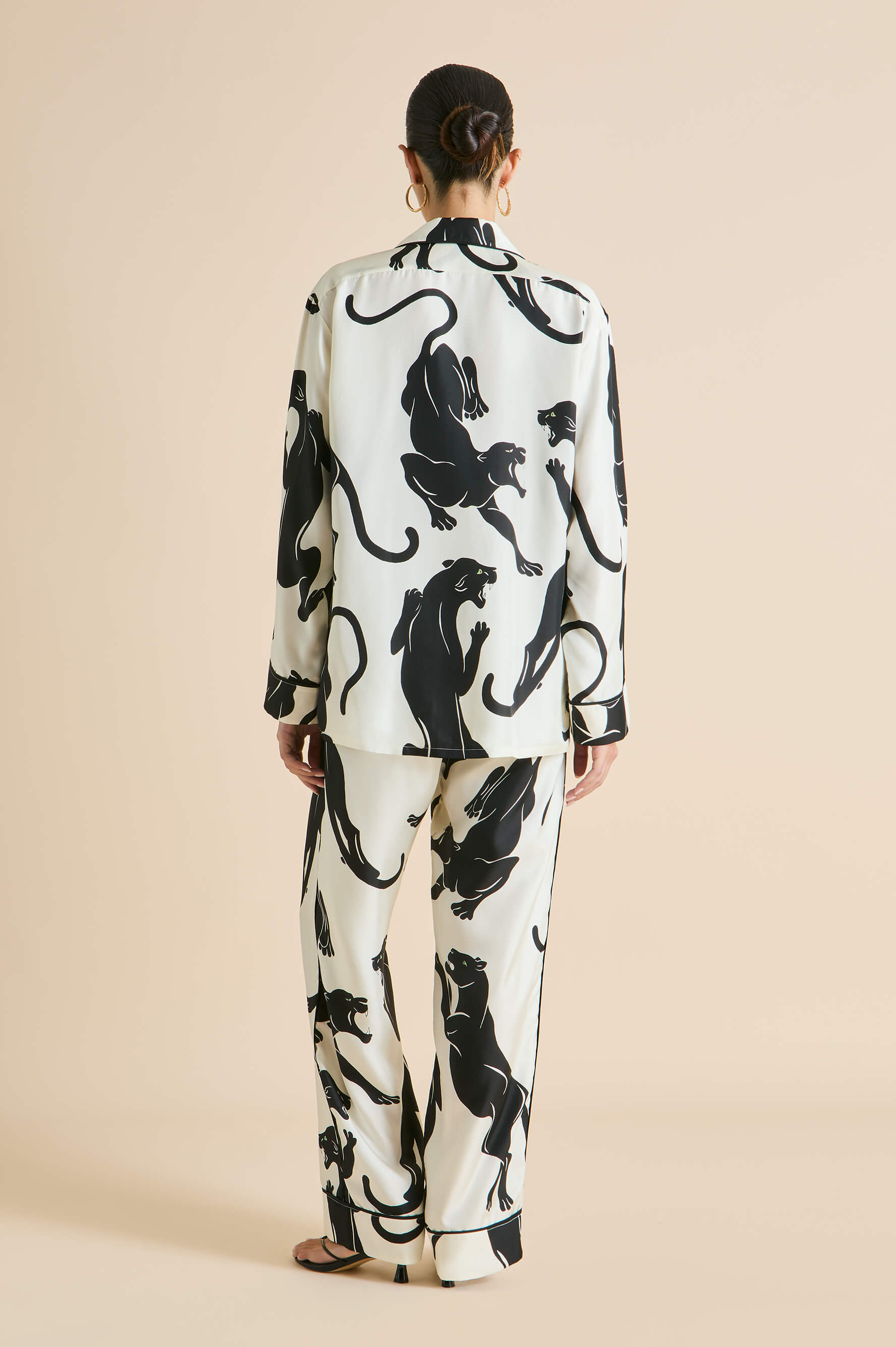 Yves Romain Ivory Panther Pajamas in Silk Twill