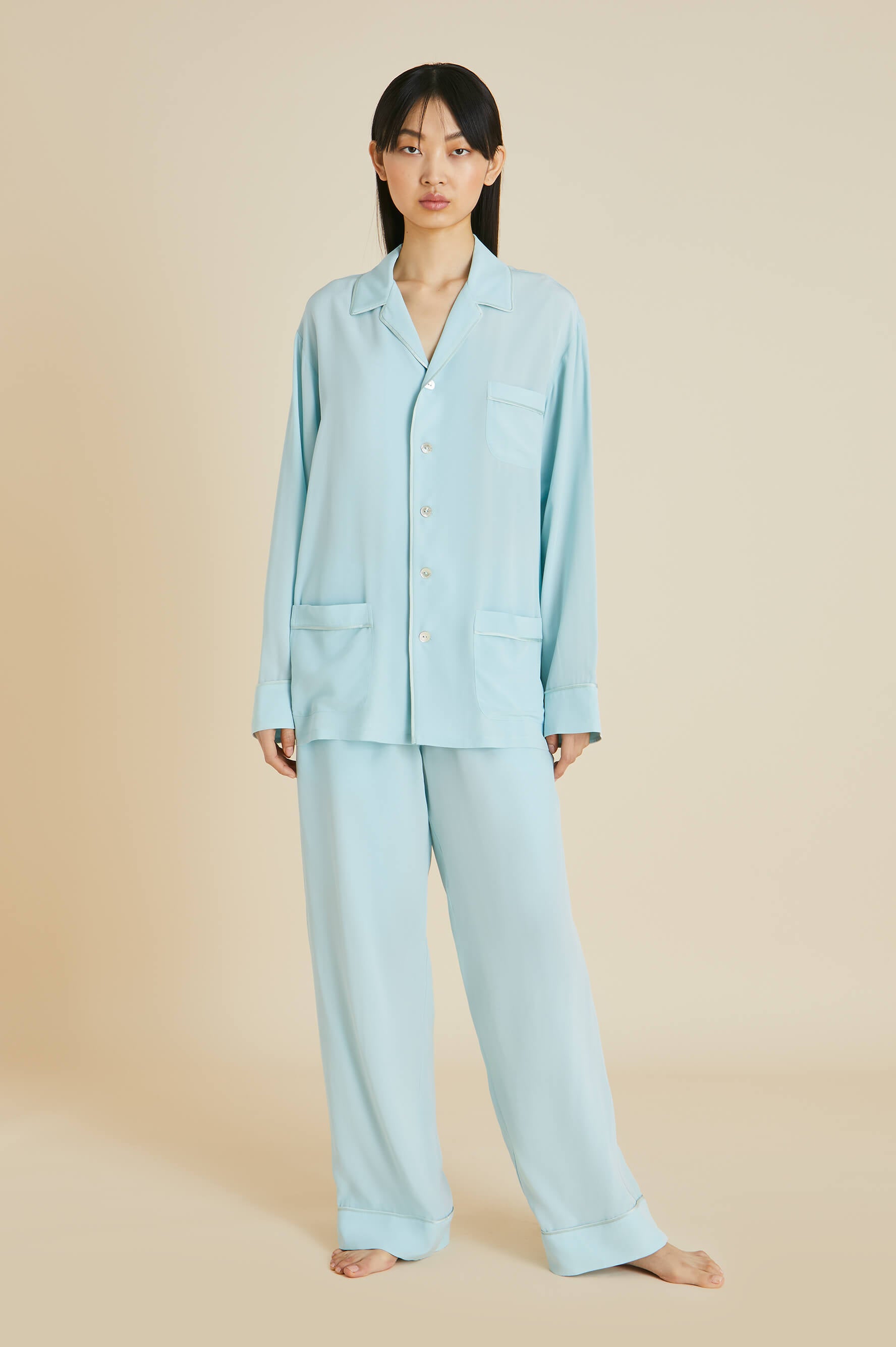 Yves Blue Silk Crêpe de Chine Pajamas