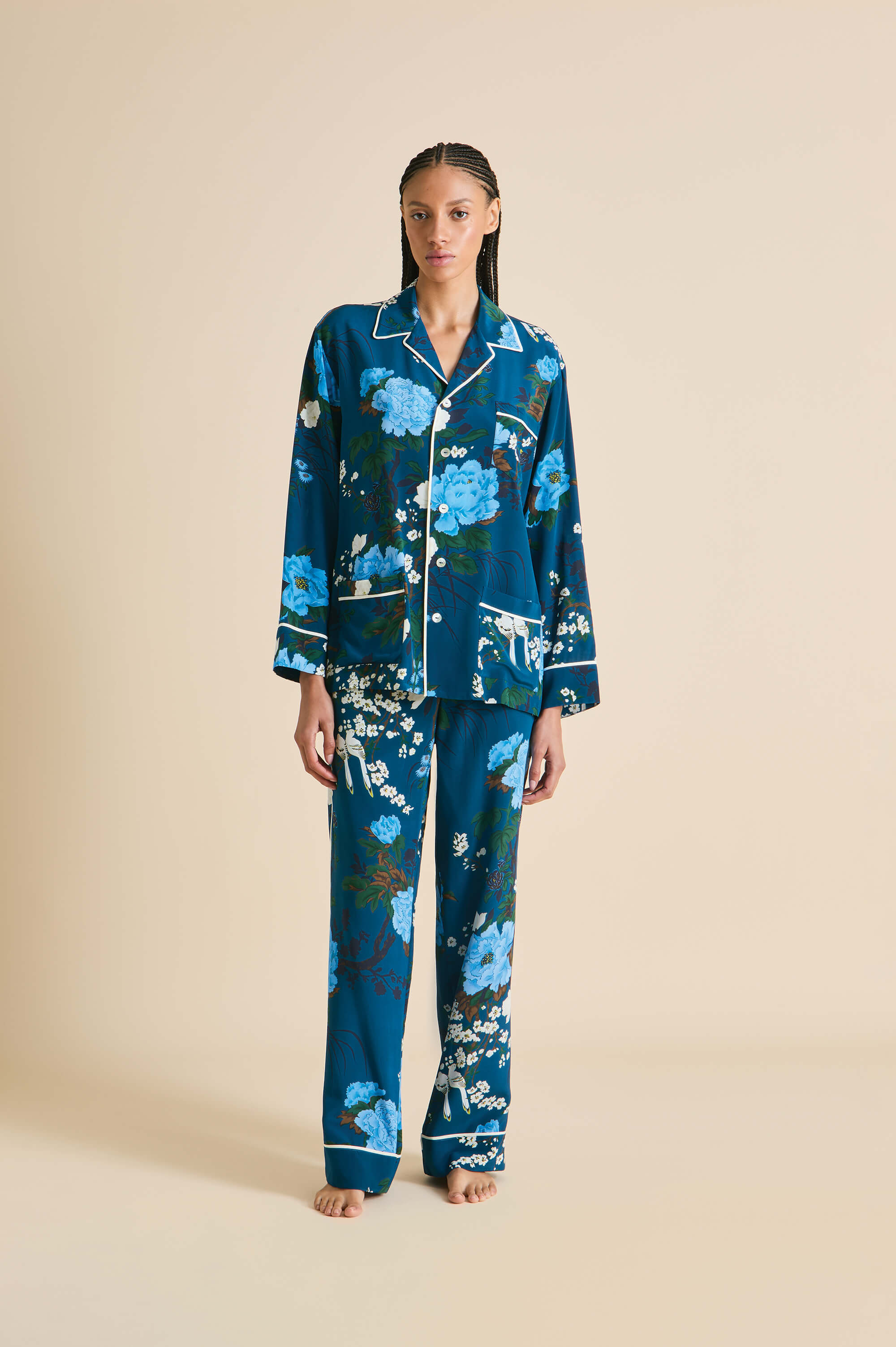 Yves Tibatant Blue Floral Pajamas in Silk Crêpe de Chine