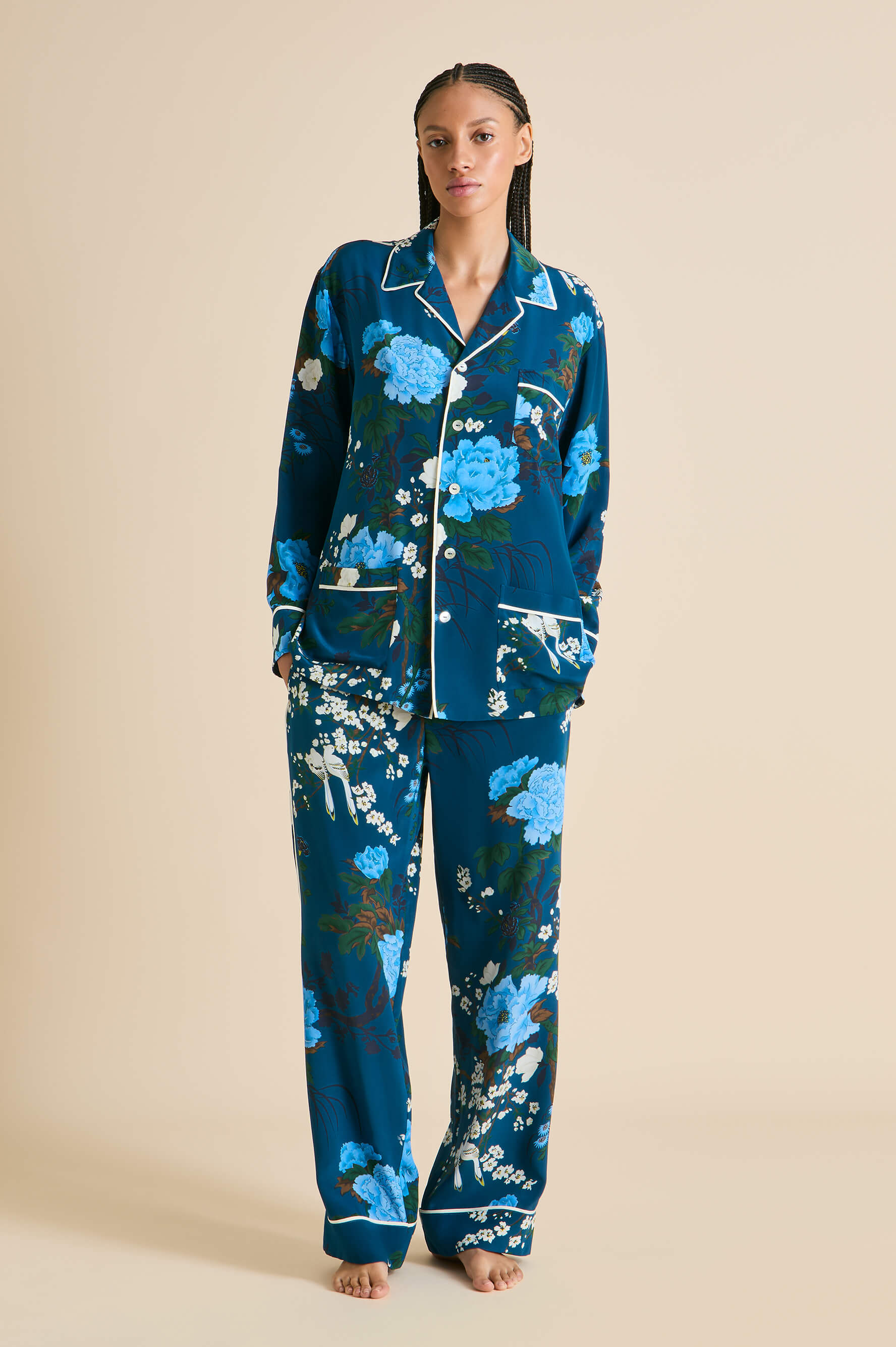 Yves Tibatant Blue Floral Pajamas in Silk Crêpe de Chine