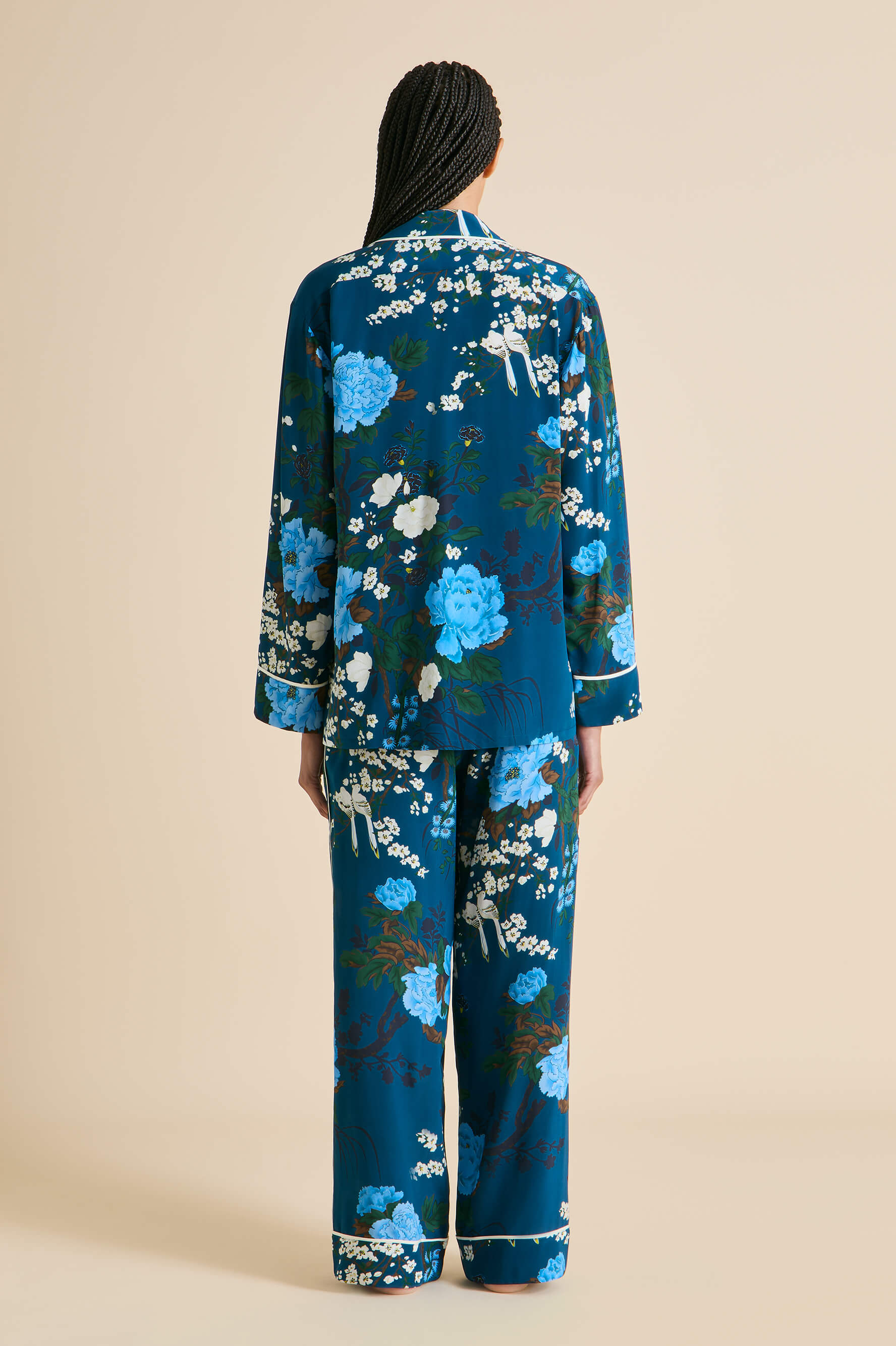 Yves Tibatant Blue Floral Pajamas in Silk Crêpe de Chine