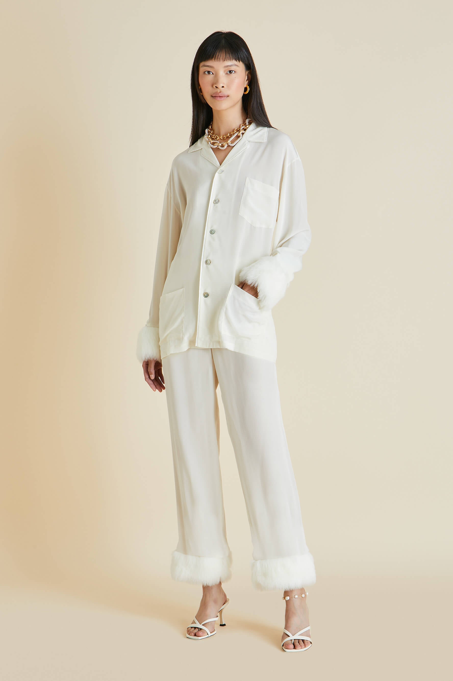 Casablanca Kiki Silk Crêpe de Chine Faux Fur Pajama Set