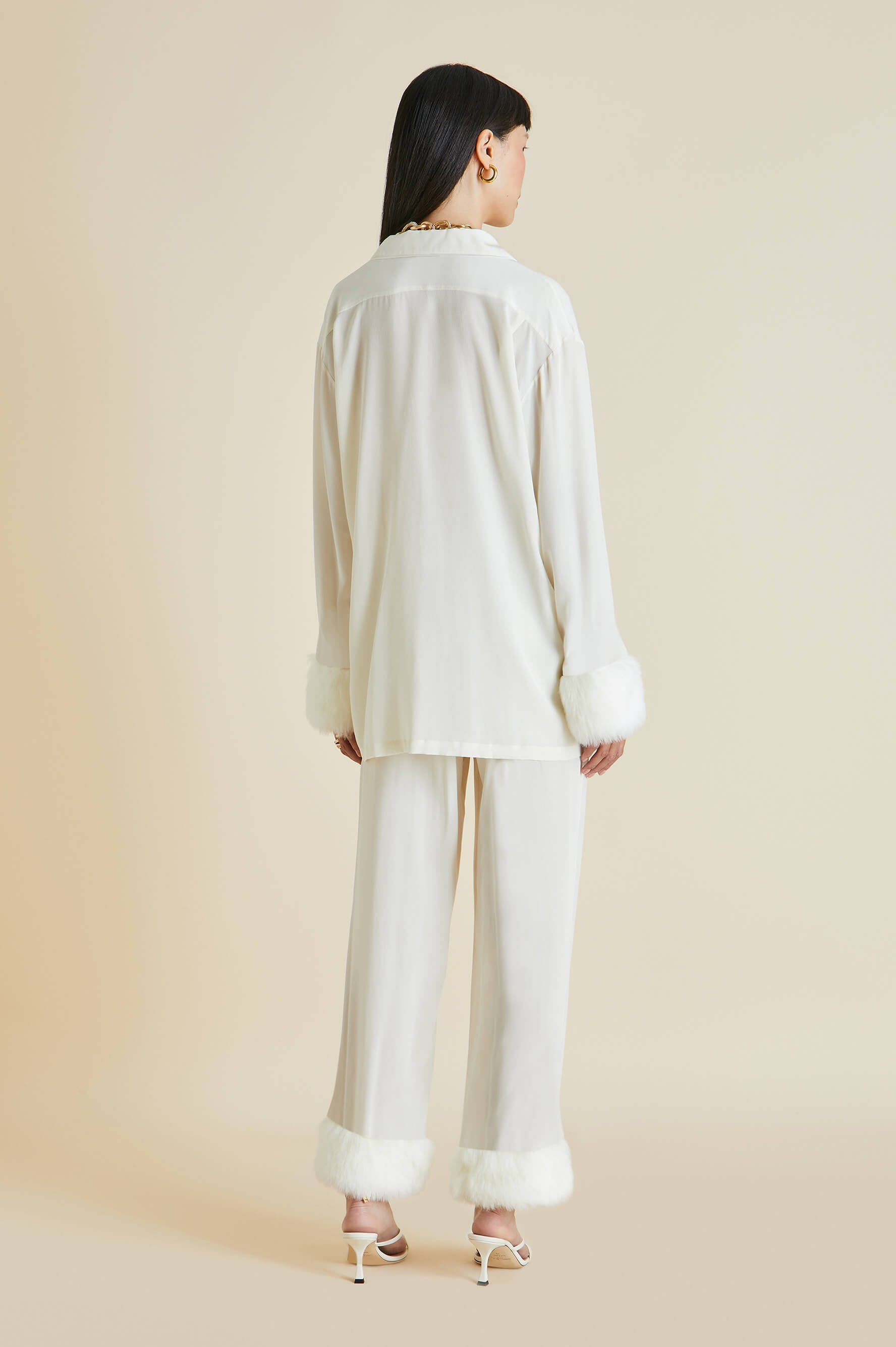 Casablanca Kiki Silk Crêpe de Chine Faux Fur Pajama Set