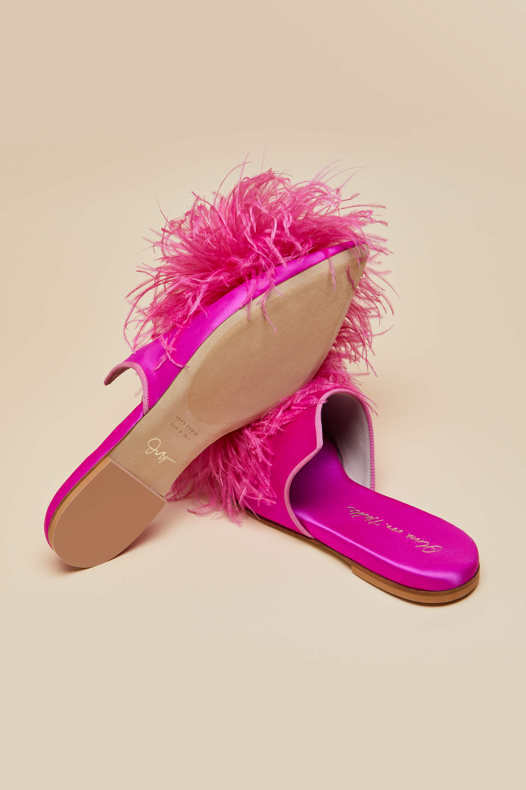 Contessa Madame Pink Slippers in Silk Feather| Olivia von Halle