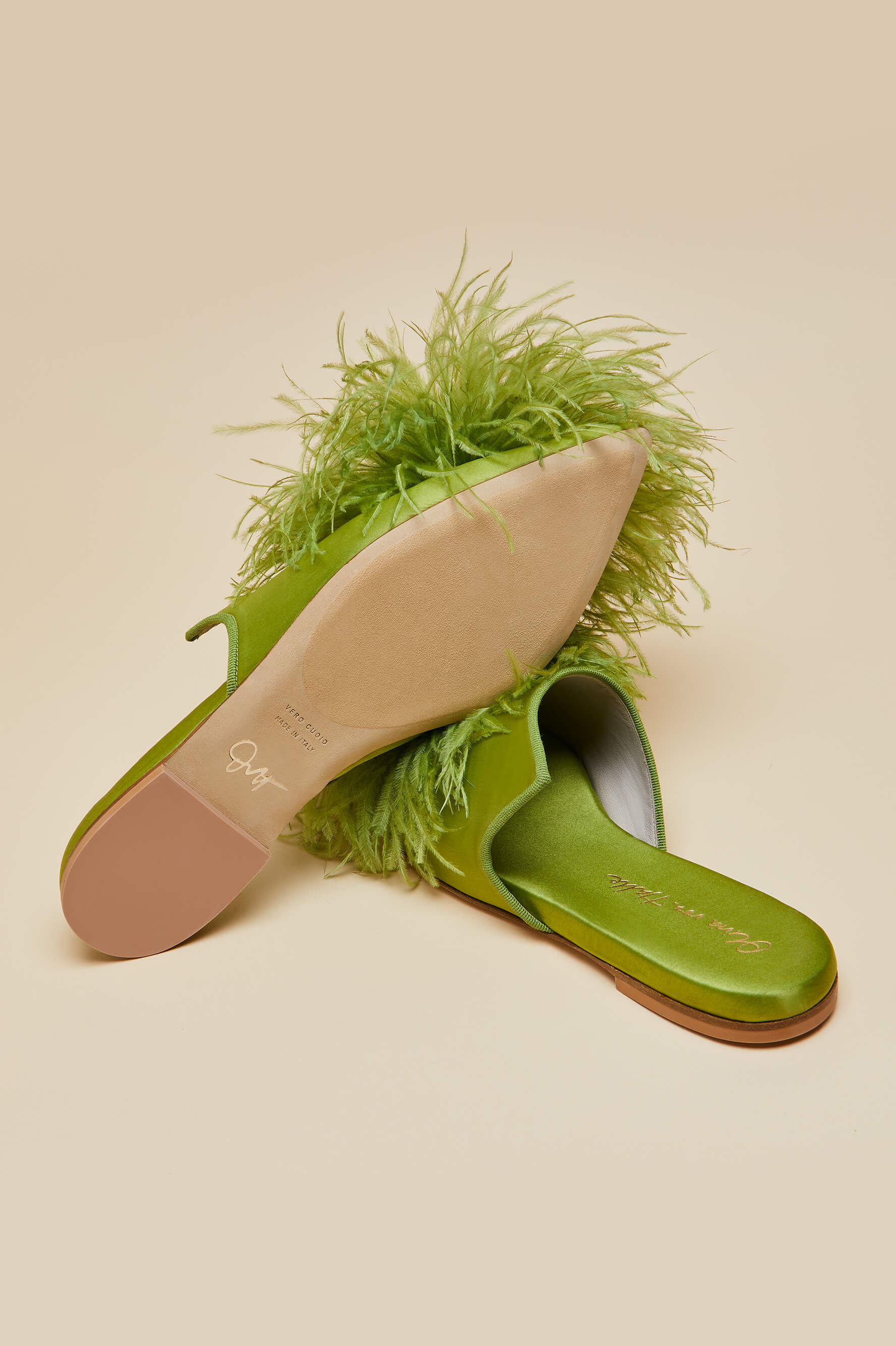 Contessa Niko Green Silk Feather Slippers