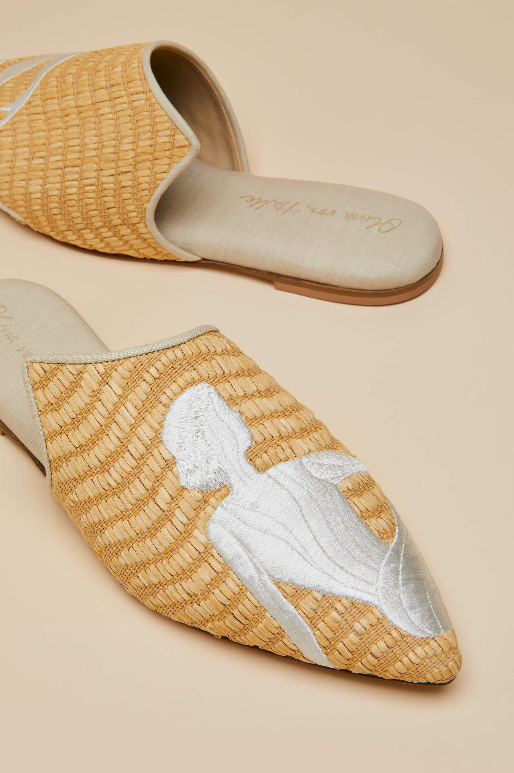 Contessa Viola Beige Embroidered Slippers in Raffia