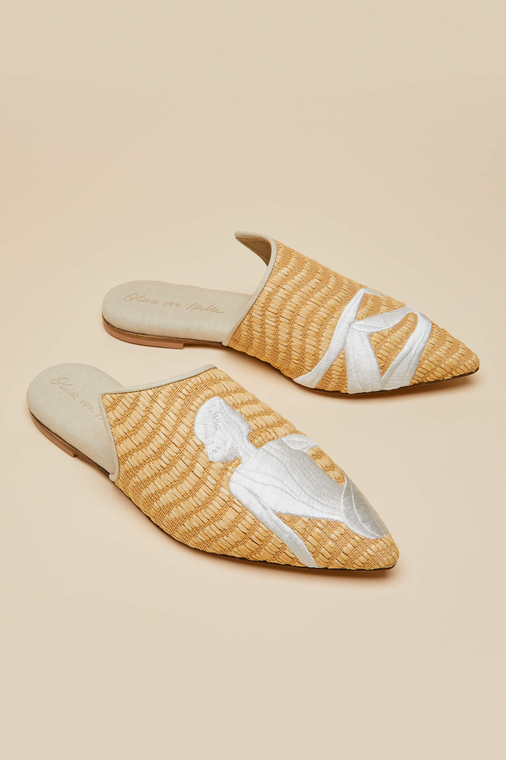 Contessa Viola Beige Embroidered Slippers in Raffia