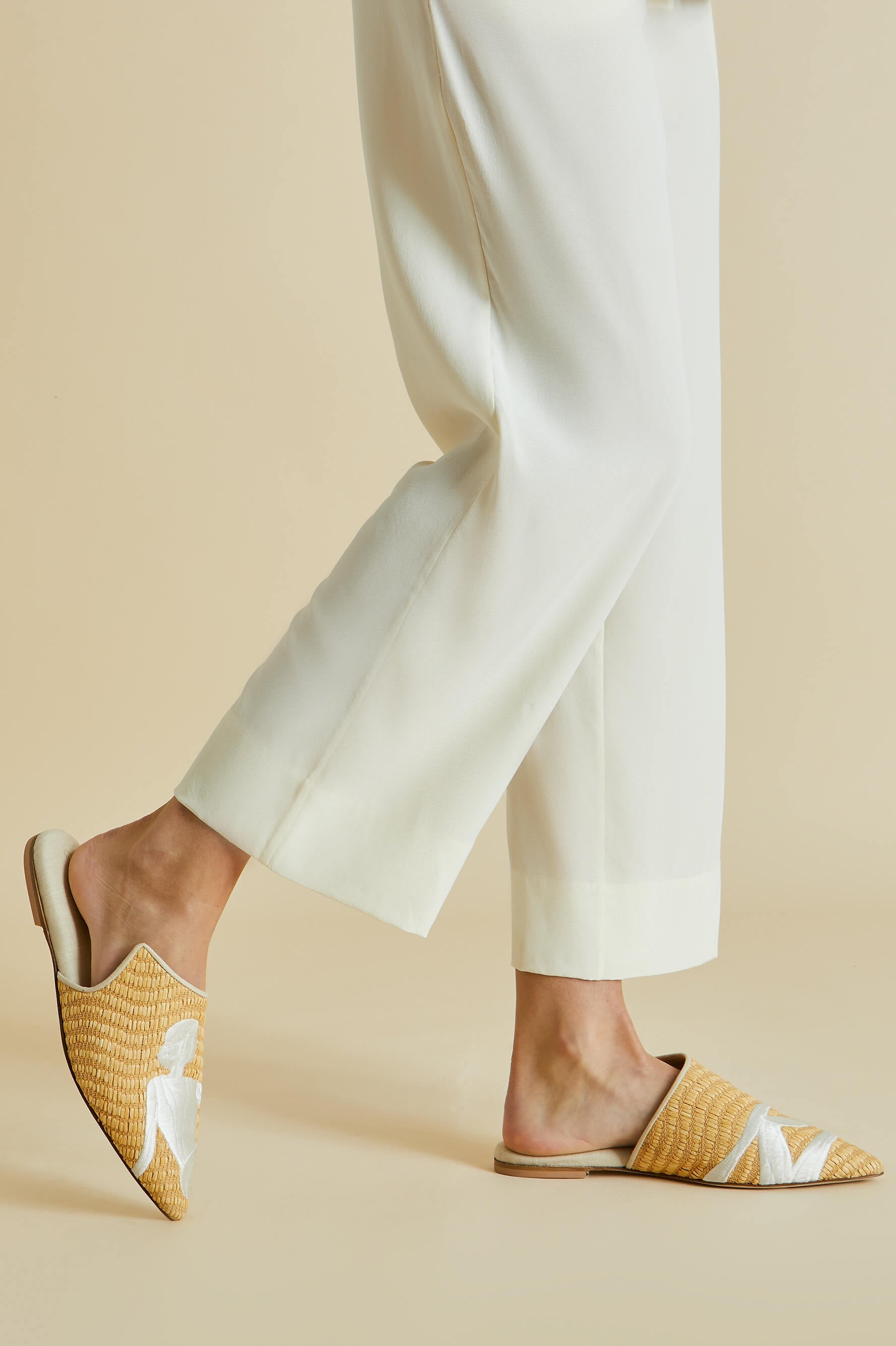 Contessa Viola Beige Embroidered Slippers in Raffia