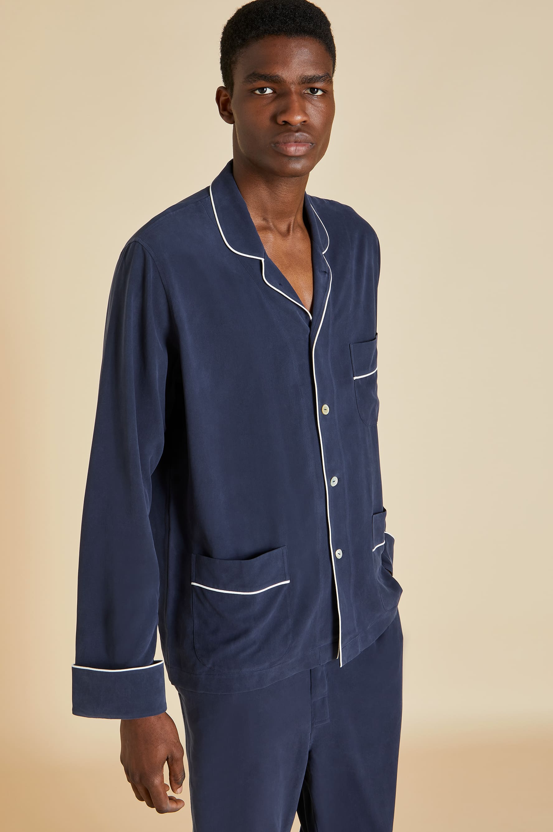 Laurent Navy Pajamas in Sandwashed Silk