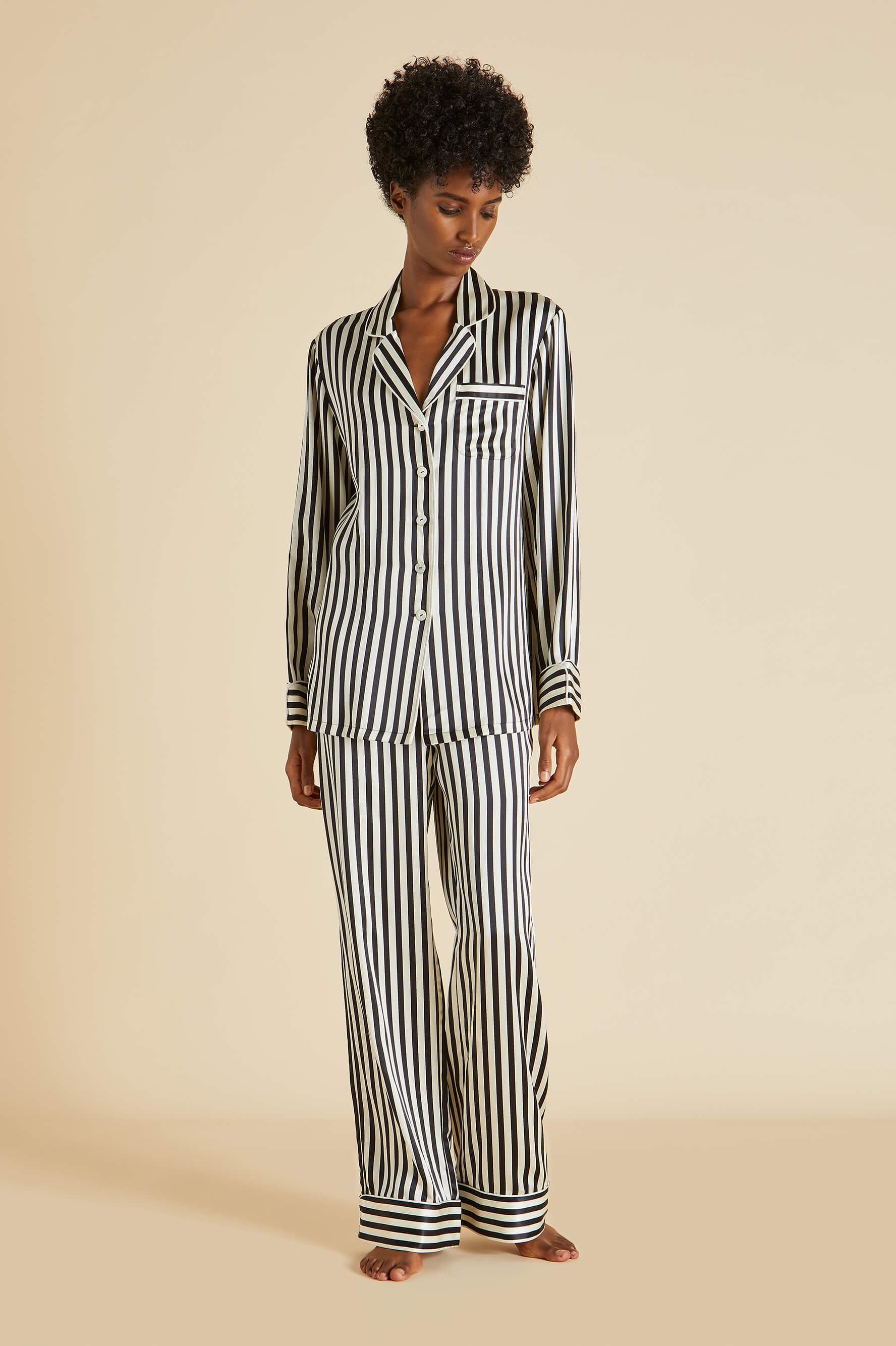 Black And White Striped Silk Pajama Set For Women