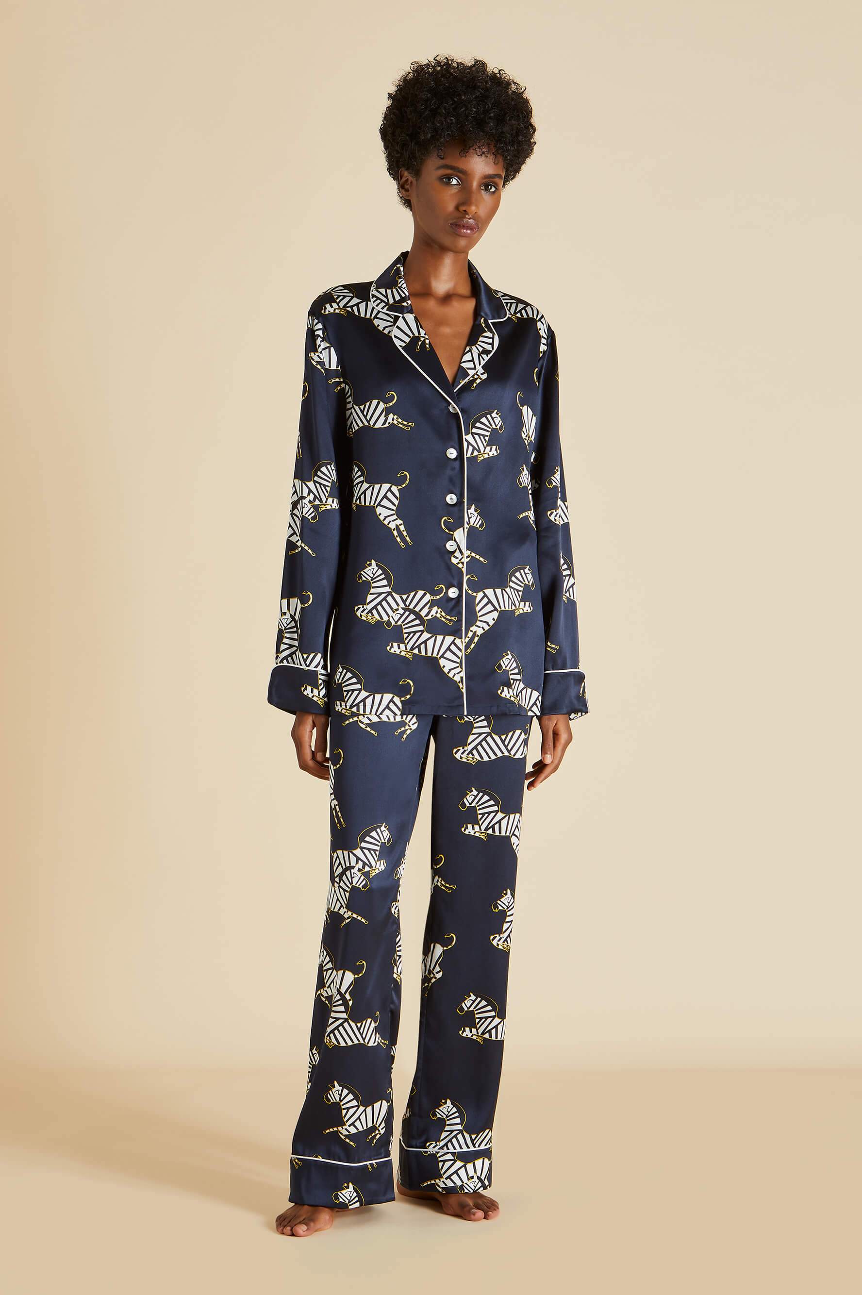 The Lila Zizi  Olivia von Halle Navy Zebra Printed Luxury Silk Pajama Set