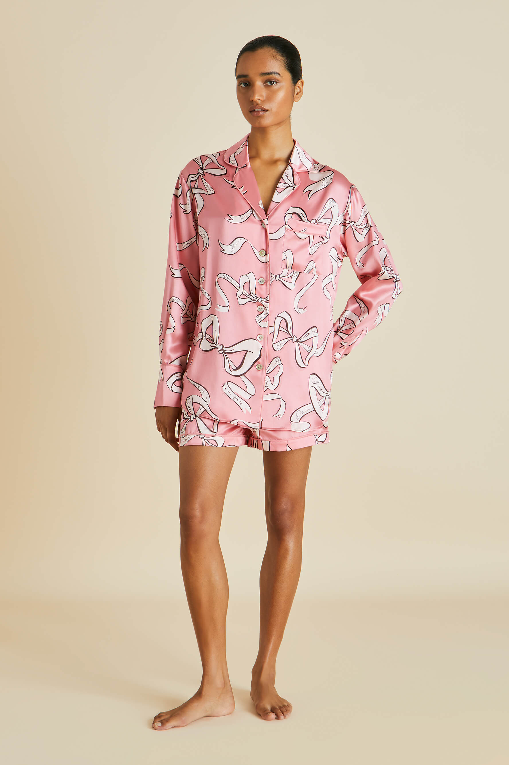 alba pink bow silk pajamas