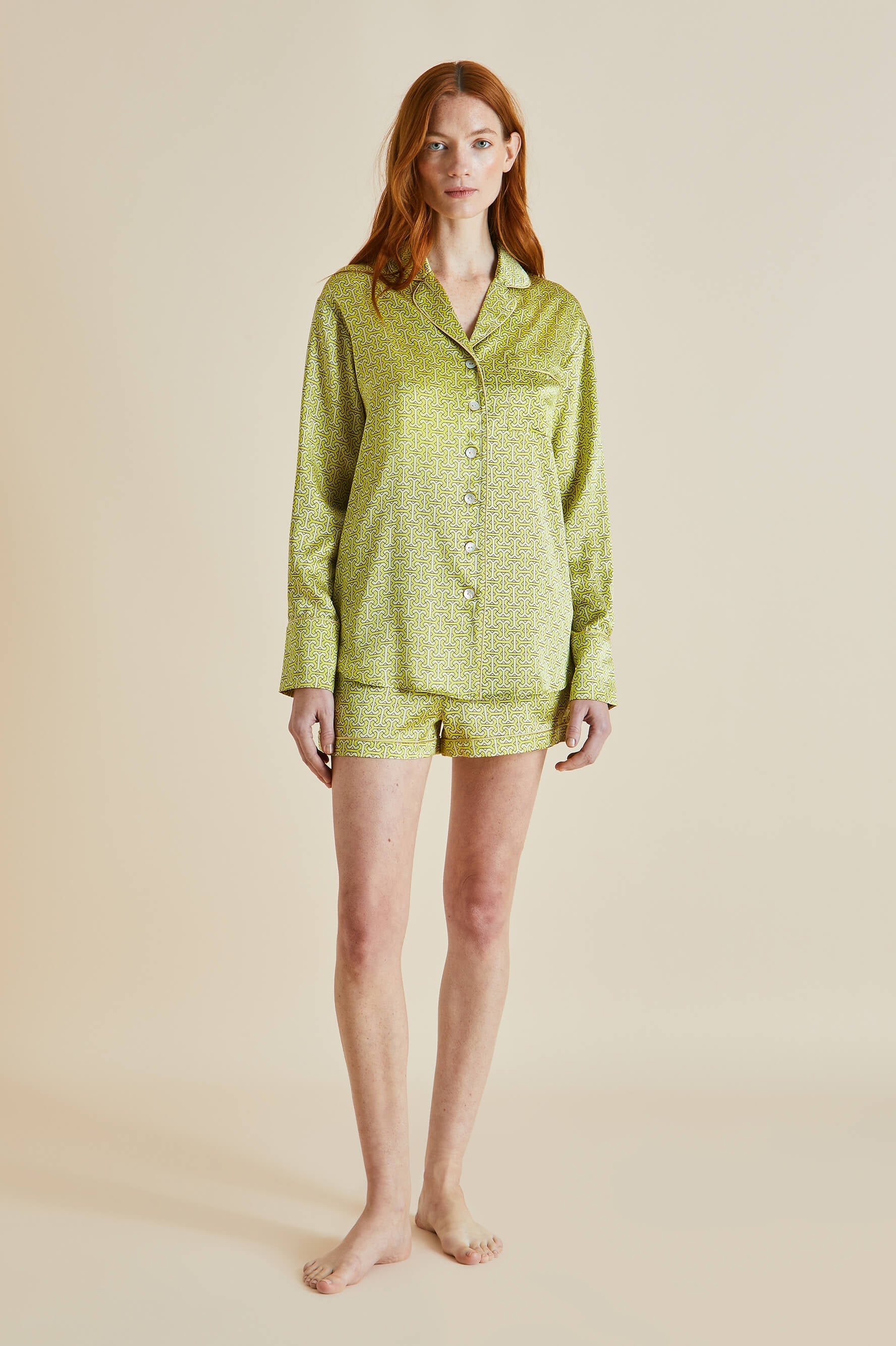 Alba Mirage Green Geometric Silk Satin Pajamas
