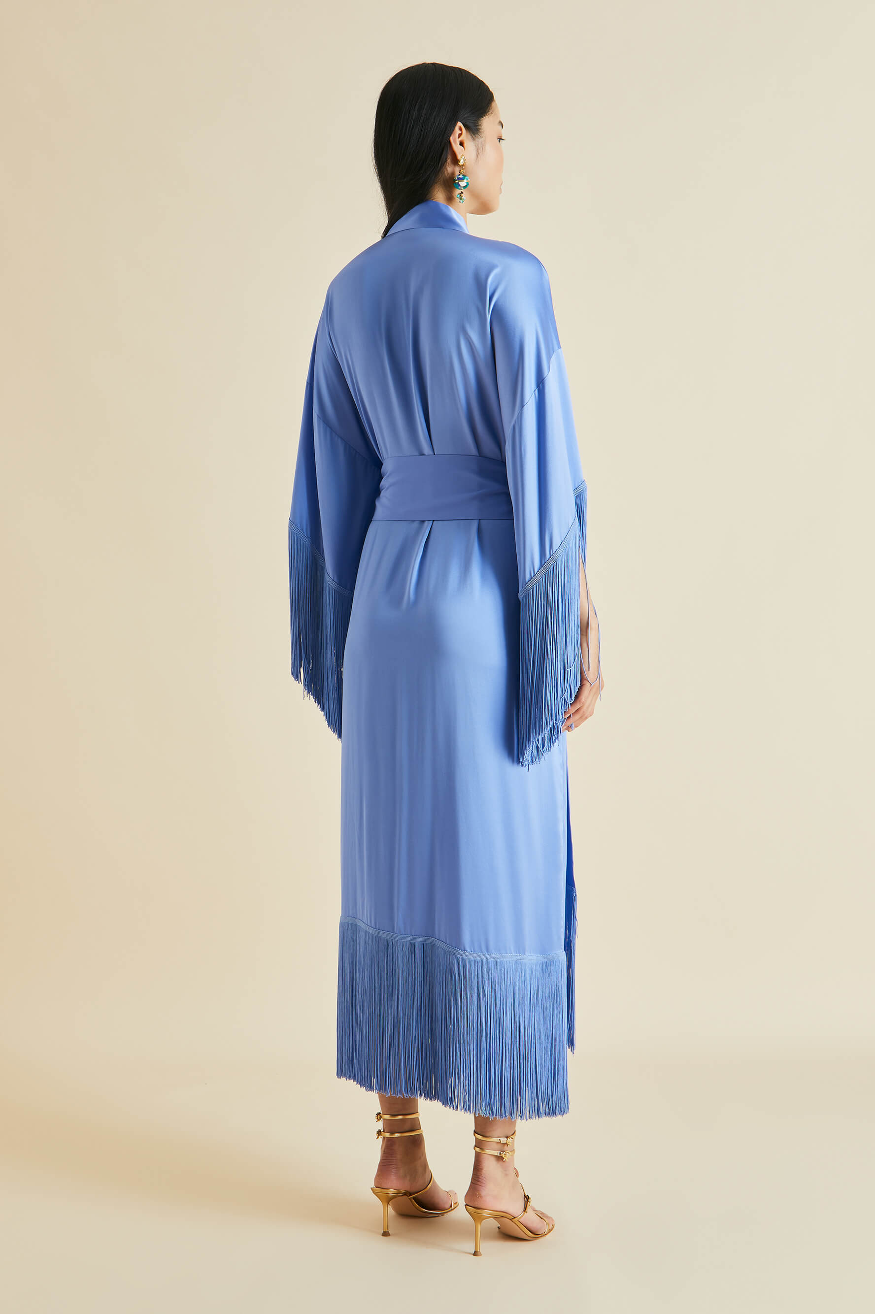 Amina Blue Fringed Silk Satin Robe