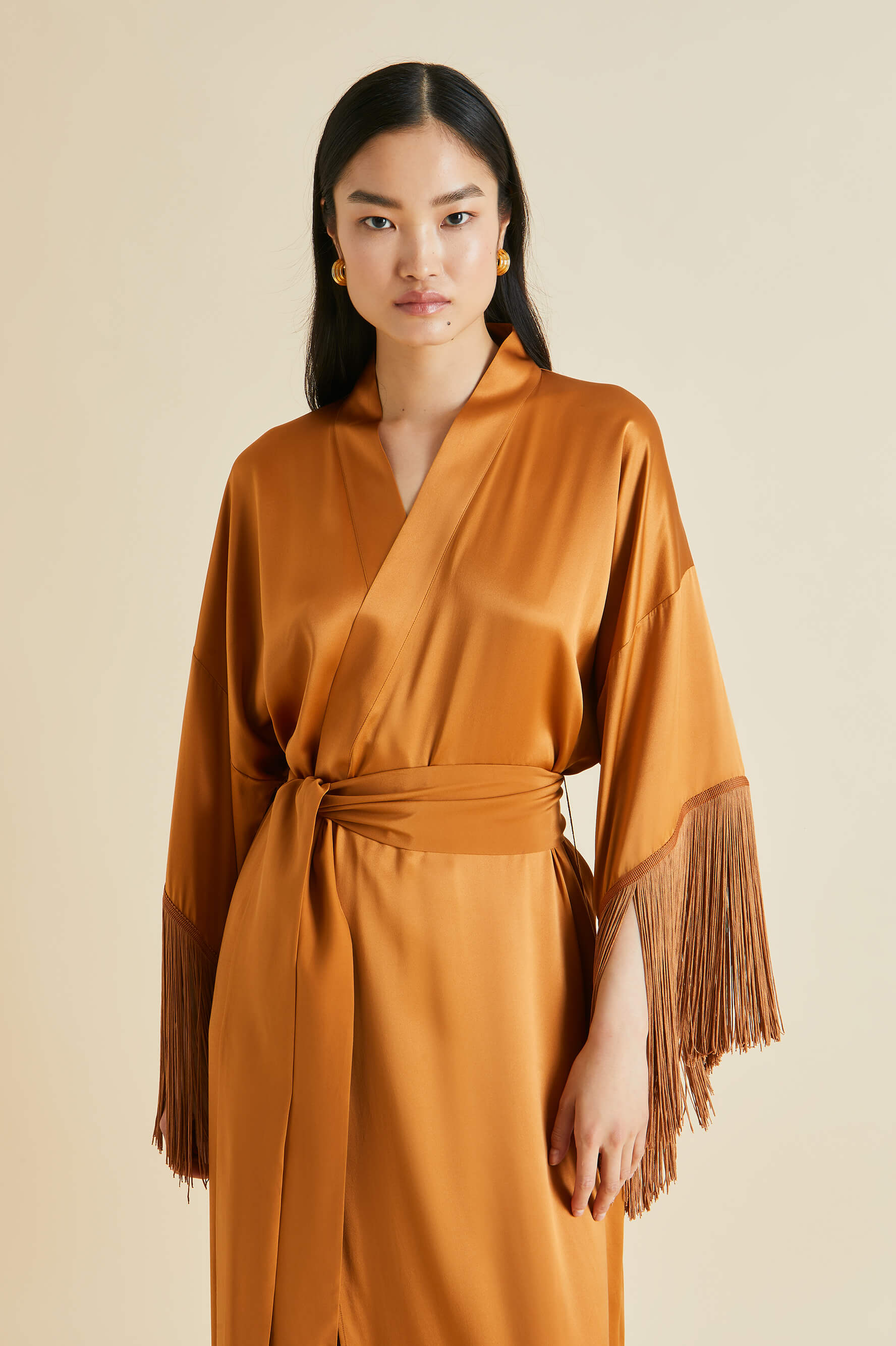 Amina Bronze Fringed Silk Satin Robe