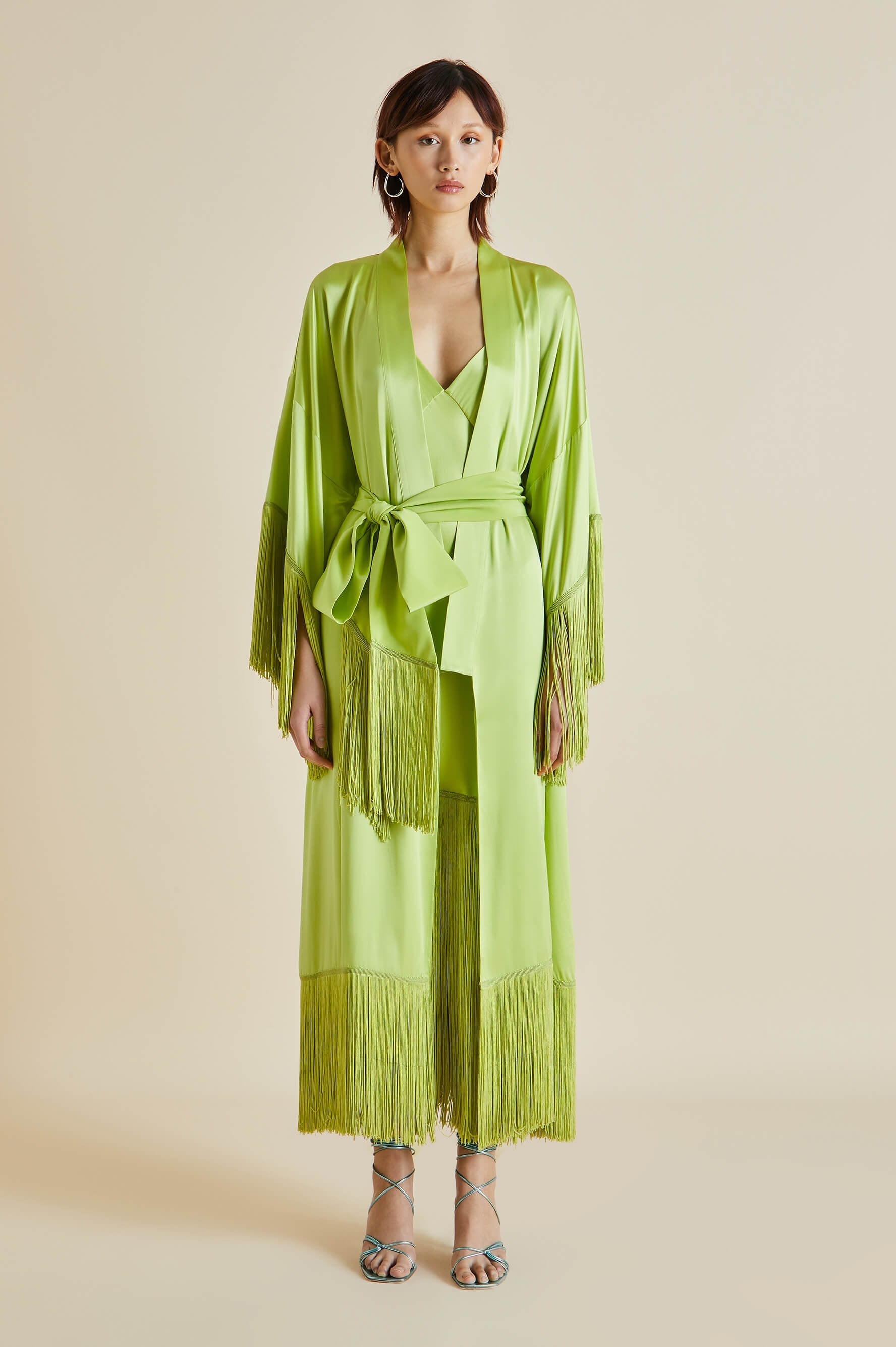 Amina Palm Green Silk Fringed Robe