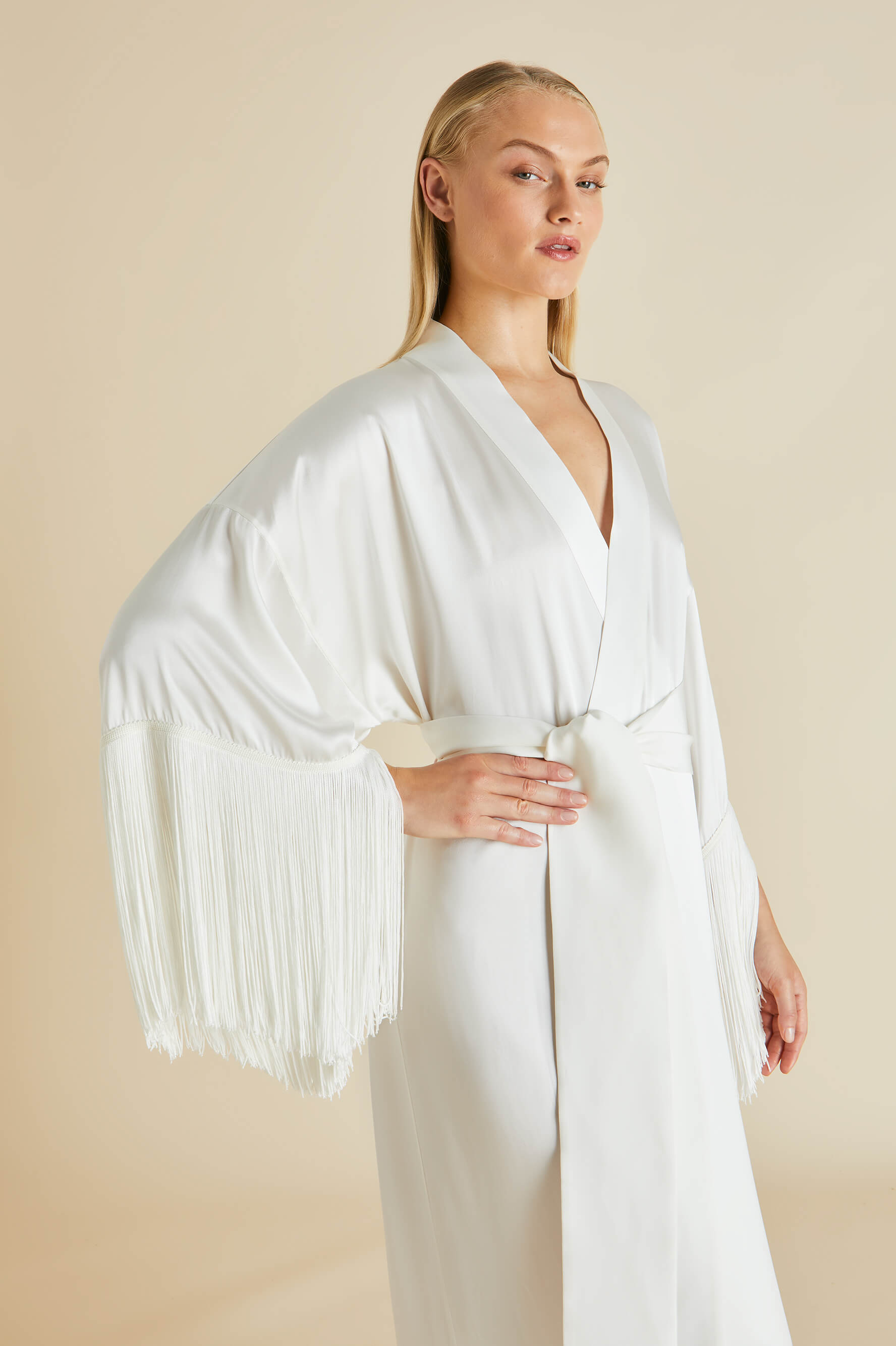Amina Ivory Fringed Silk Satin Robe